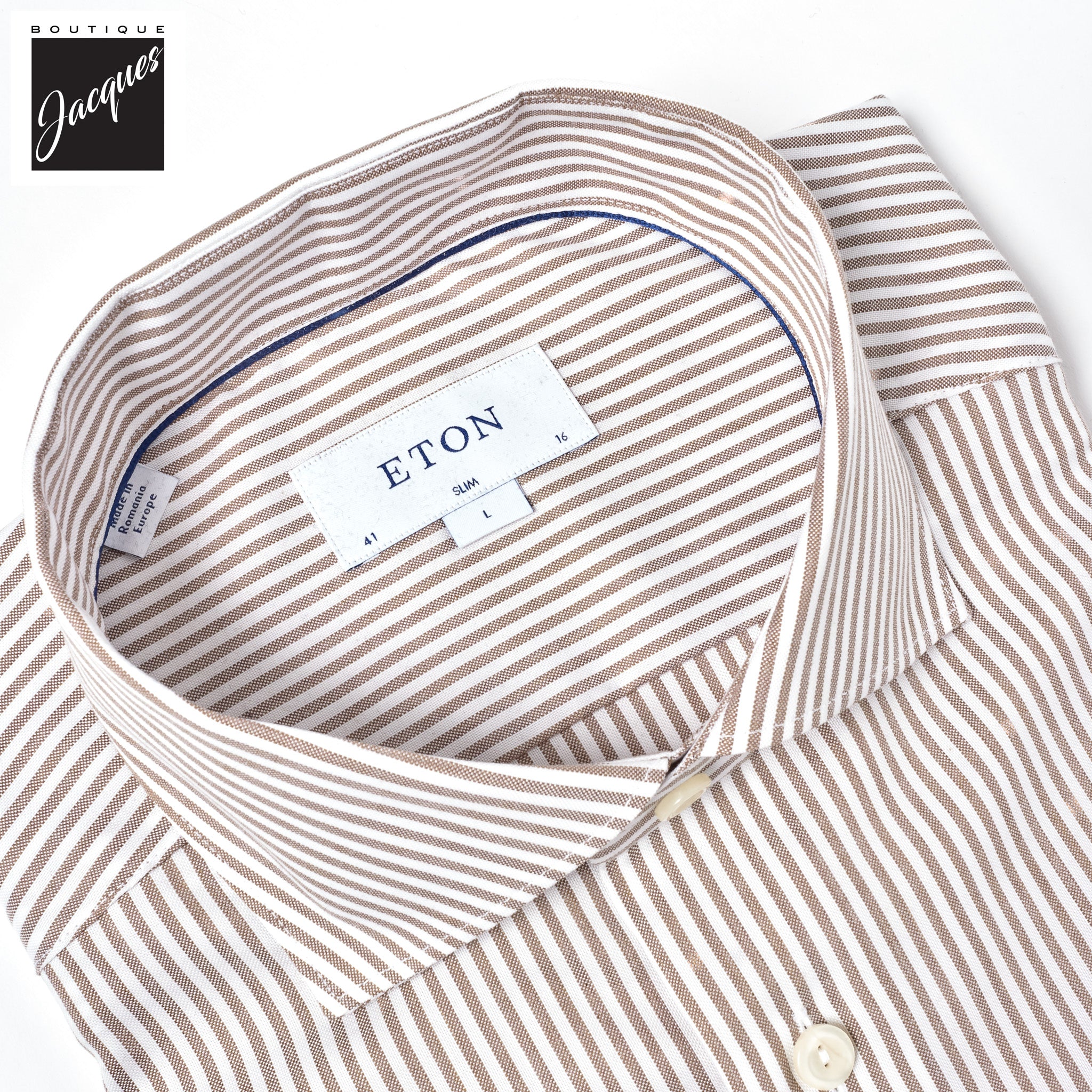 Beige Bengal Stripe Oxford Slim Fit Shirt - Eton - Image 3