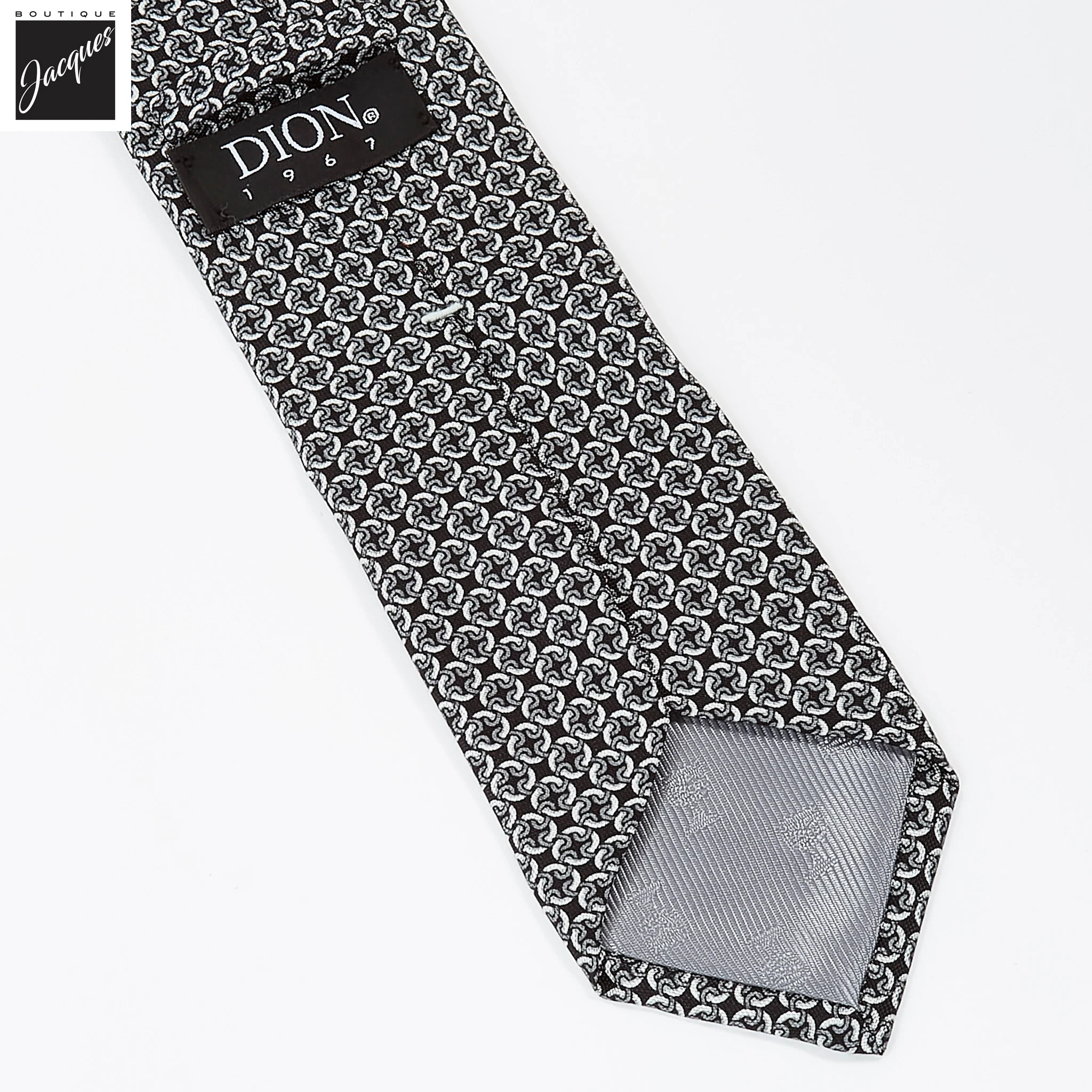 Black & Gray Chain Motif Printed Panama Silk Tie - DION - Image 3