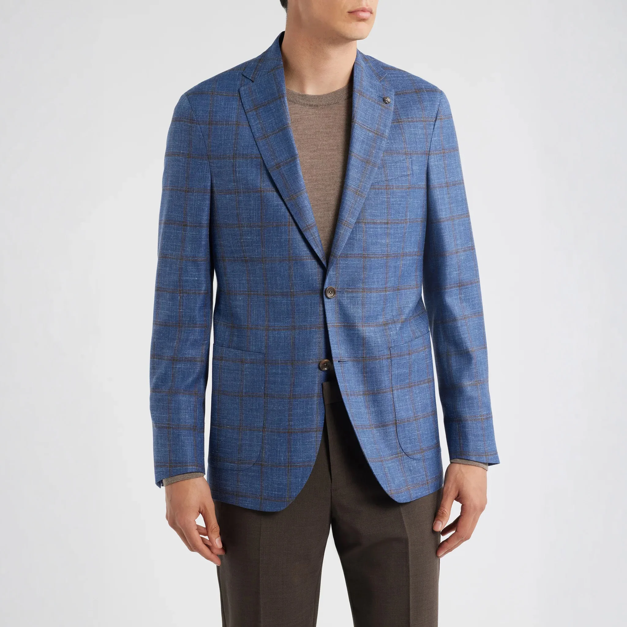 Blue & Brown Check Wool/Silk/Linen Hampton Contemporary Fit Sport Jacket - Jack Victor
