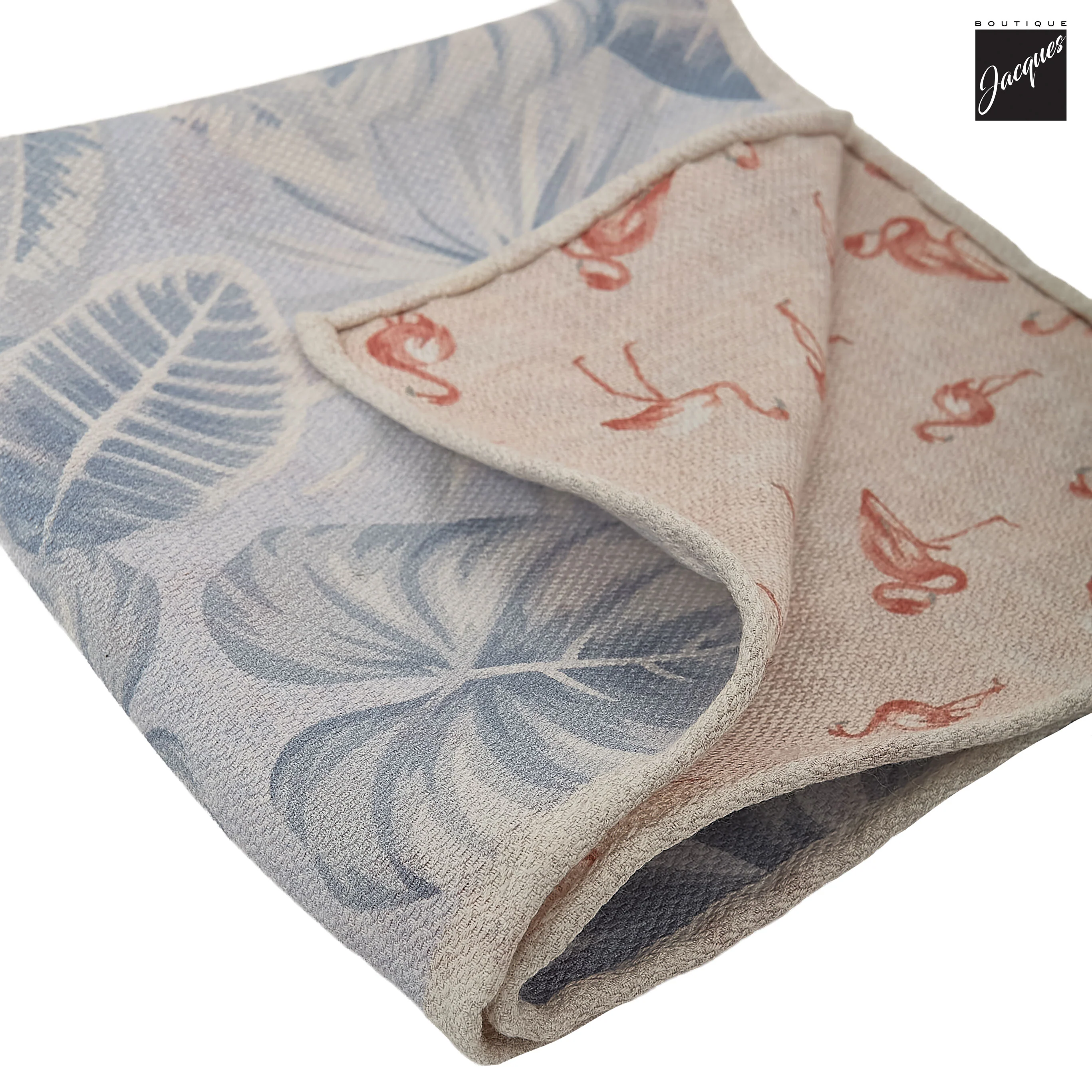 Blue & Coral Leaf/Flamingo Motif Reversible Woven Silk Hankie - Paolo Albizzati - Image 3