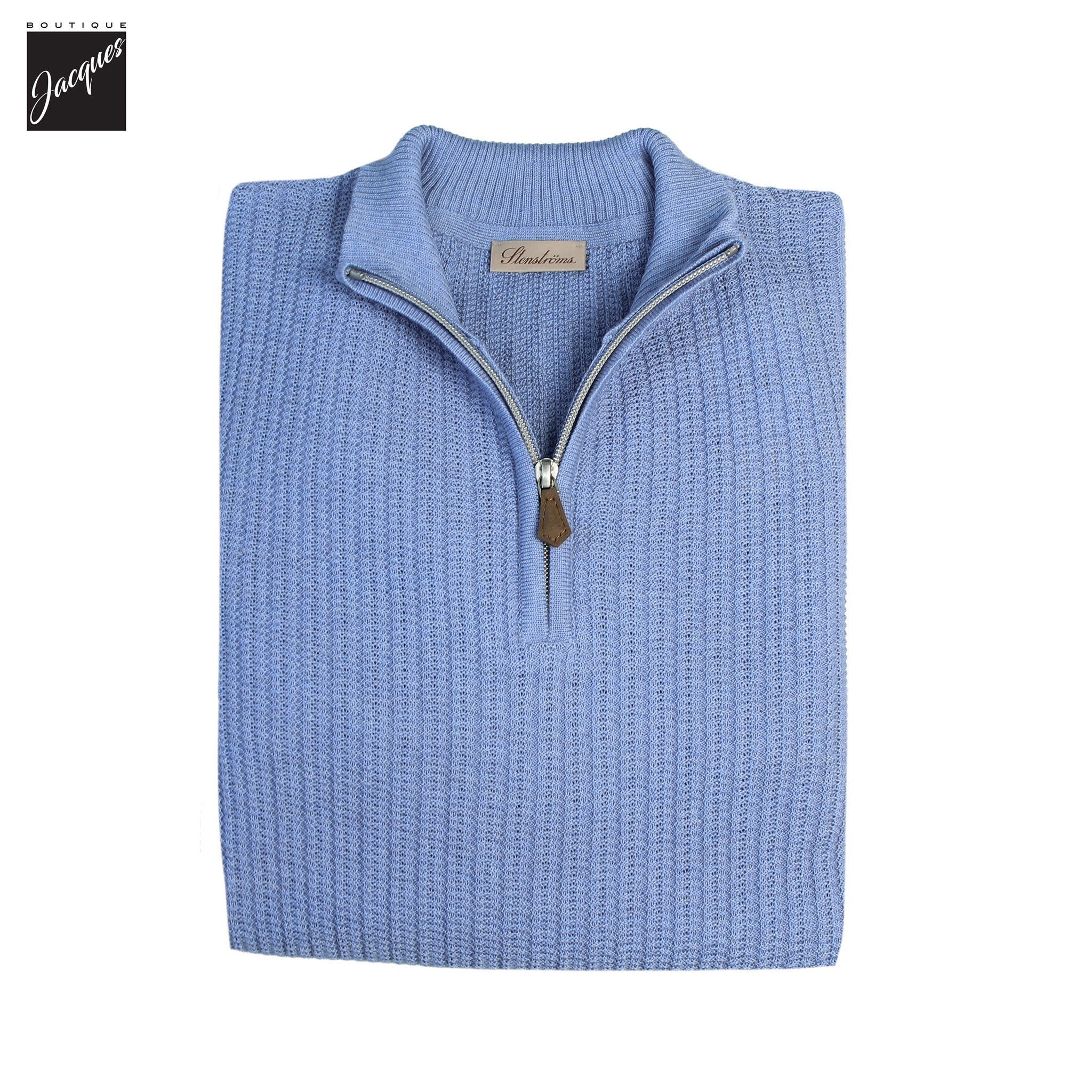 Blue Textured Merino Wool Half Zip Sweater - Stenströms - Image 2