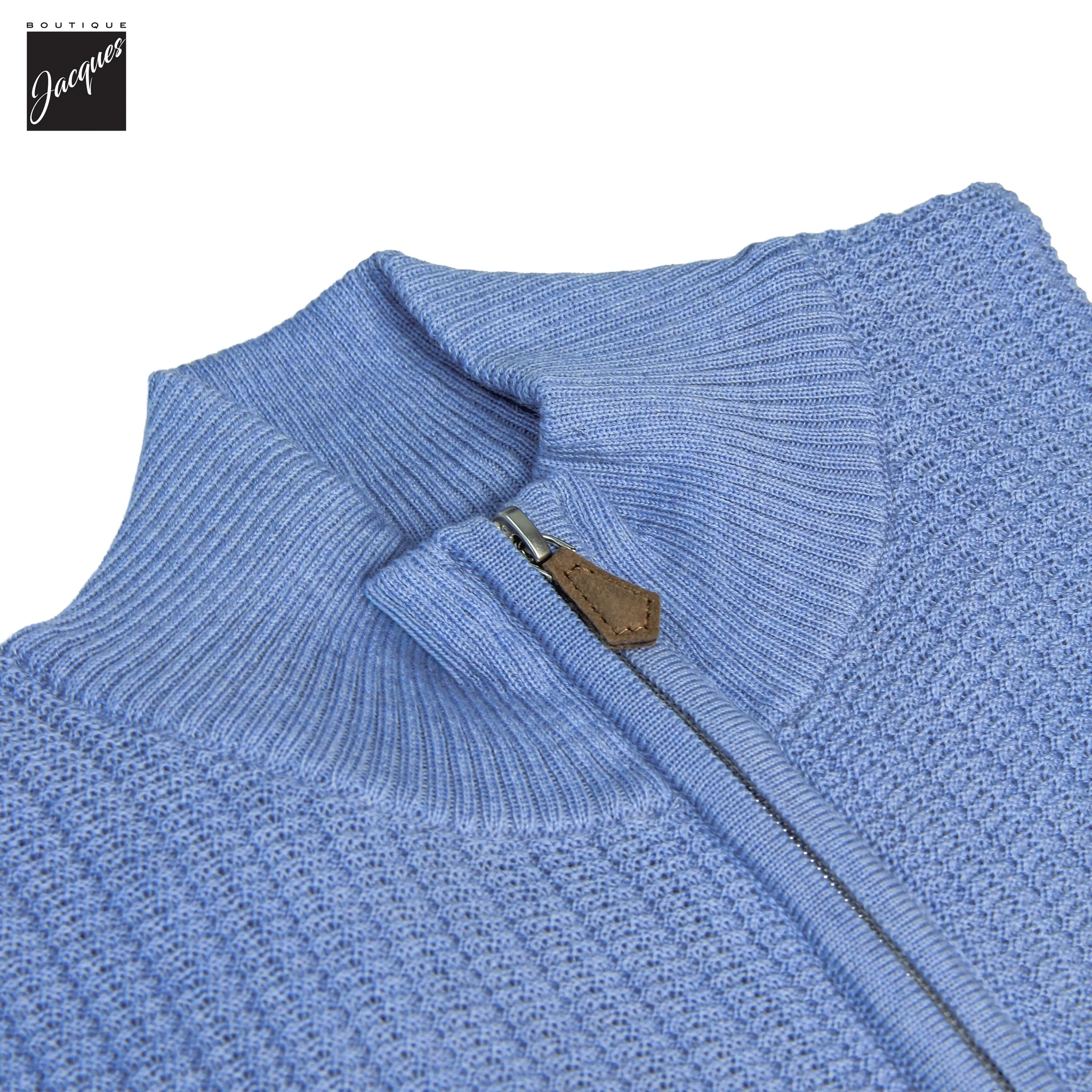 Blue Textured Merino Wool Half Zip Sweater - Stenströms - Image 4