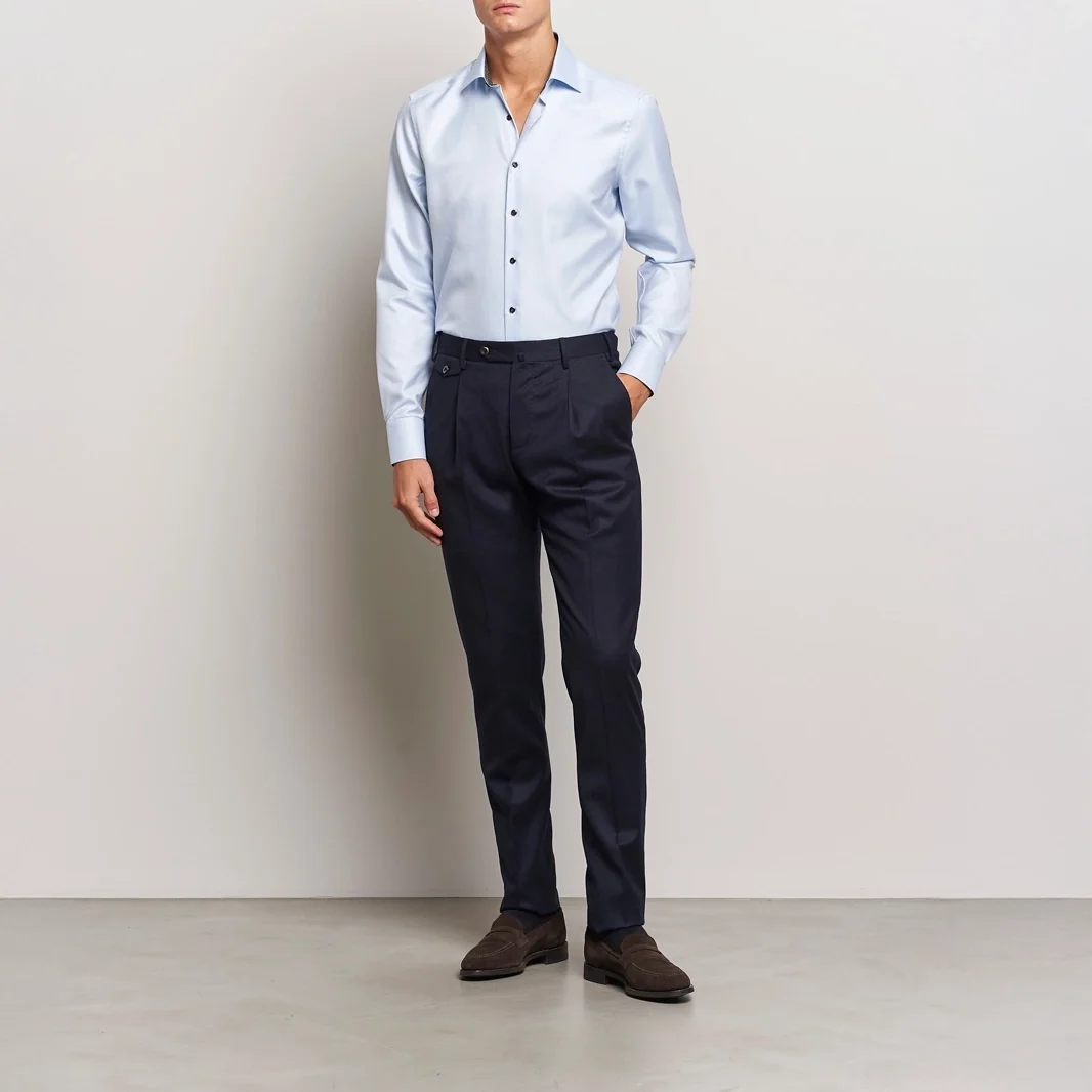 Blue Textured Twill Fitted Body Shirt w/ Contrast Details - Stenströms - Image 2