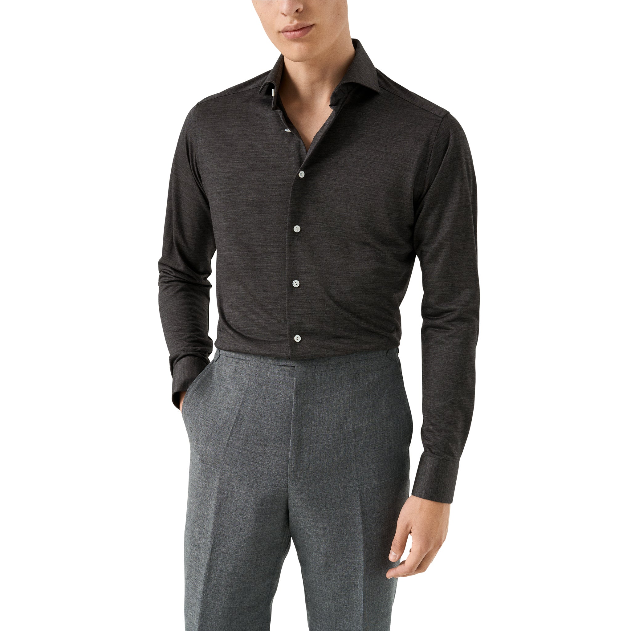 Charcoal Gray Knitted Merino Wool Slim Fit Jersey Shirt - ETON - Image 2