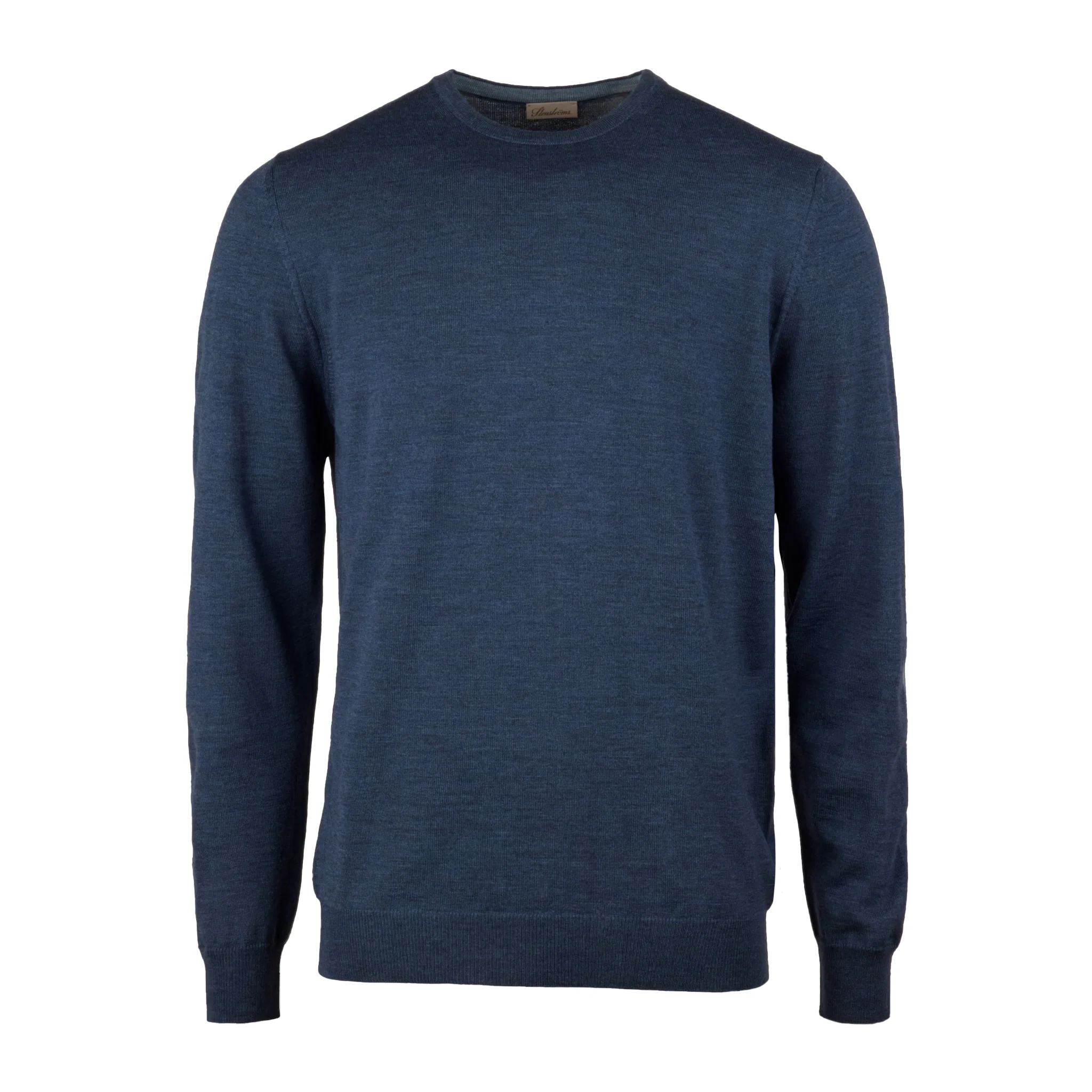 Dark Blue Merino Wool Crew Neck Sweater w/ Elbow Patches - Stenströms