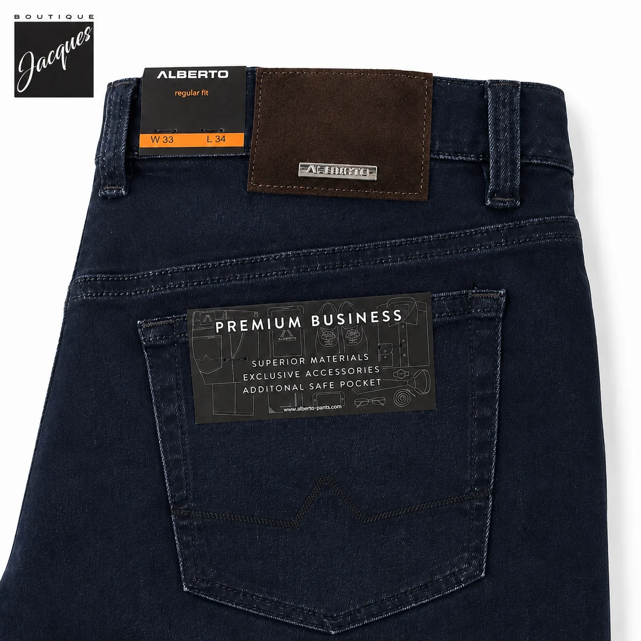 Dark Blue Pipe Regular Fit Premium Business Cotton-Stretch Jeans - ALBERTO - Image 3
