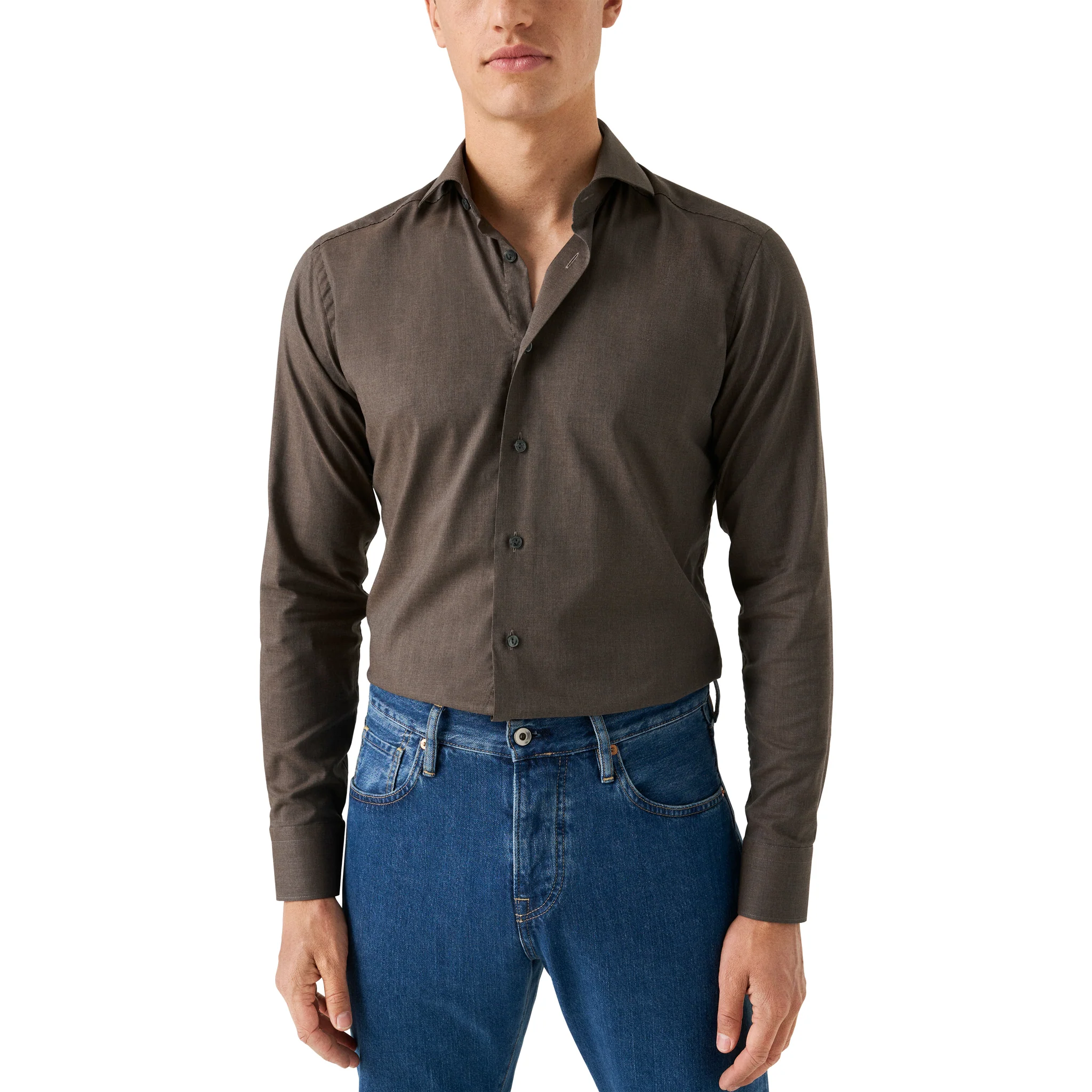 Dark Brown Herringbone Light Weight Flannel Slim Fit Shirt - ETON - Image 4