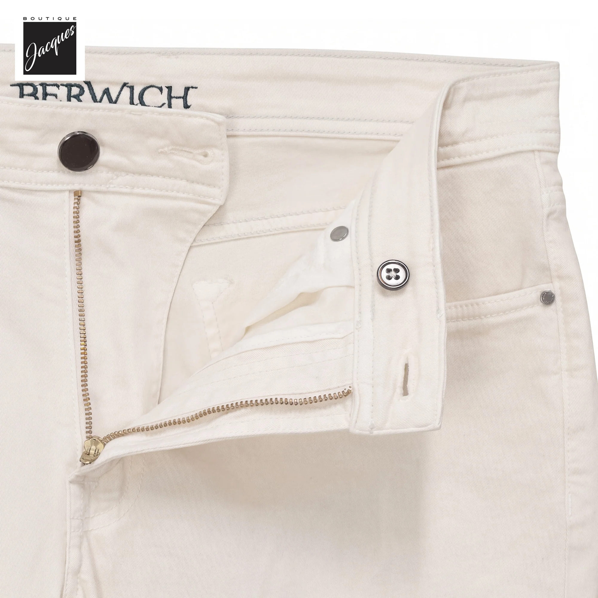 Ecru Gabardine Cotton-Stretch Morello Slim Fit Five Pocket Pants - Berwich - Image 3