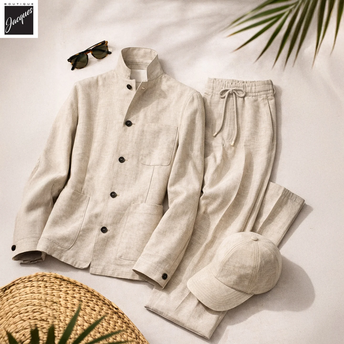 Ecru Linen Stand-Up Collar Sport Jacket - FRADI - Image 4