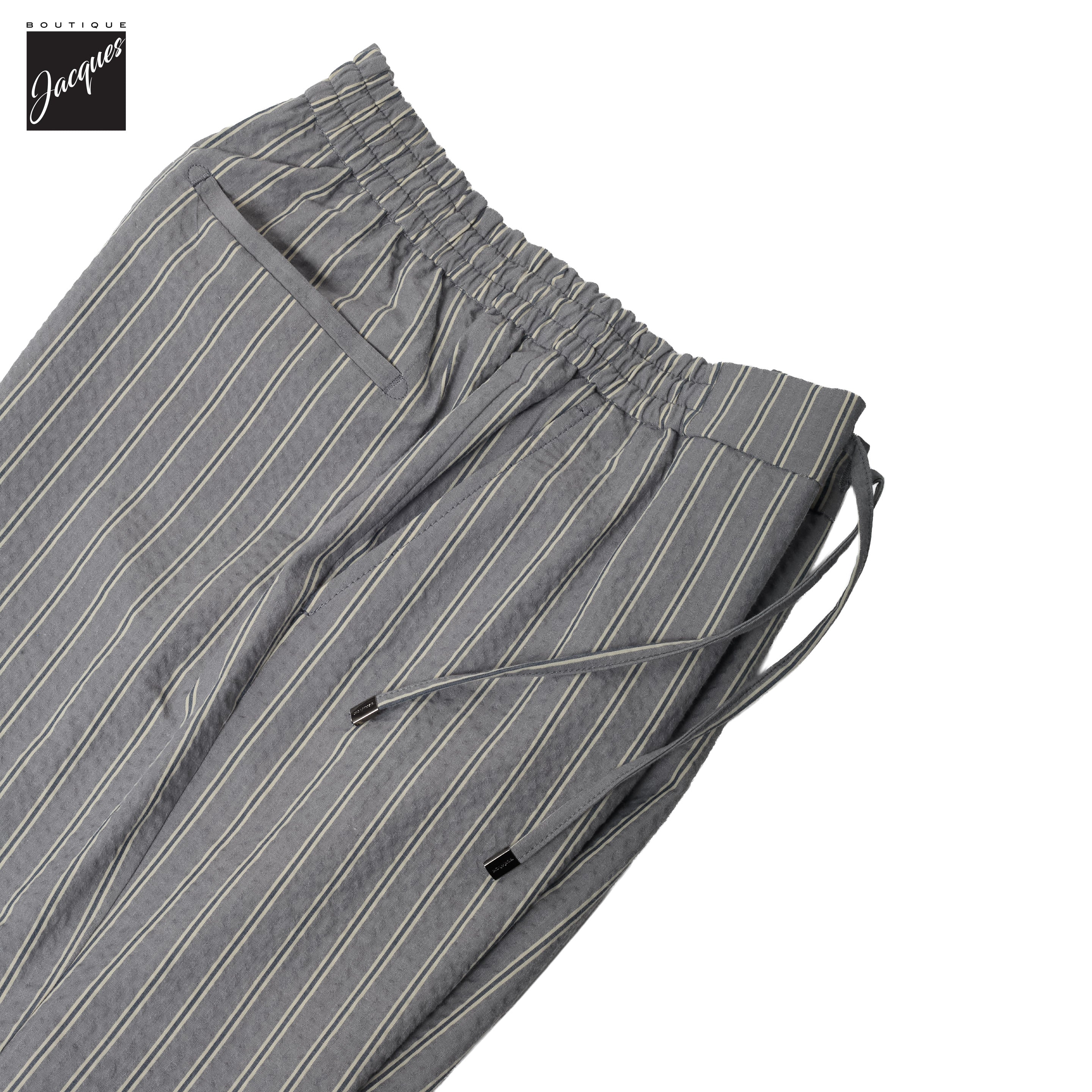 Gray Striped Seersucker Cotton Bermuda Shorts with Drawstrings - Berwich - Image 4