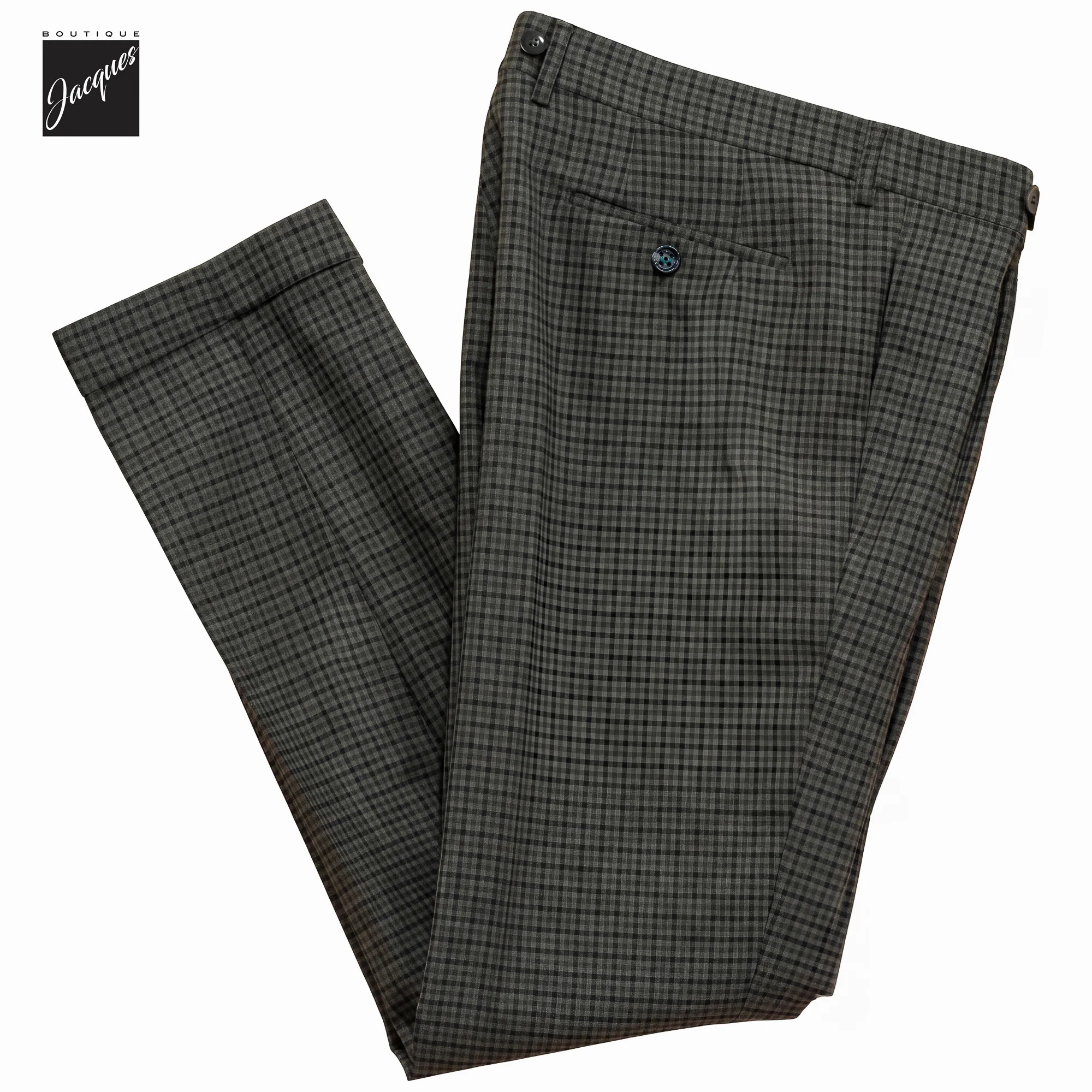 Green Check Virgin Wool Barber Long Double-Pleat Trousers - Berwich - Image 3