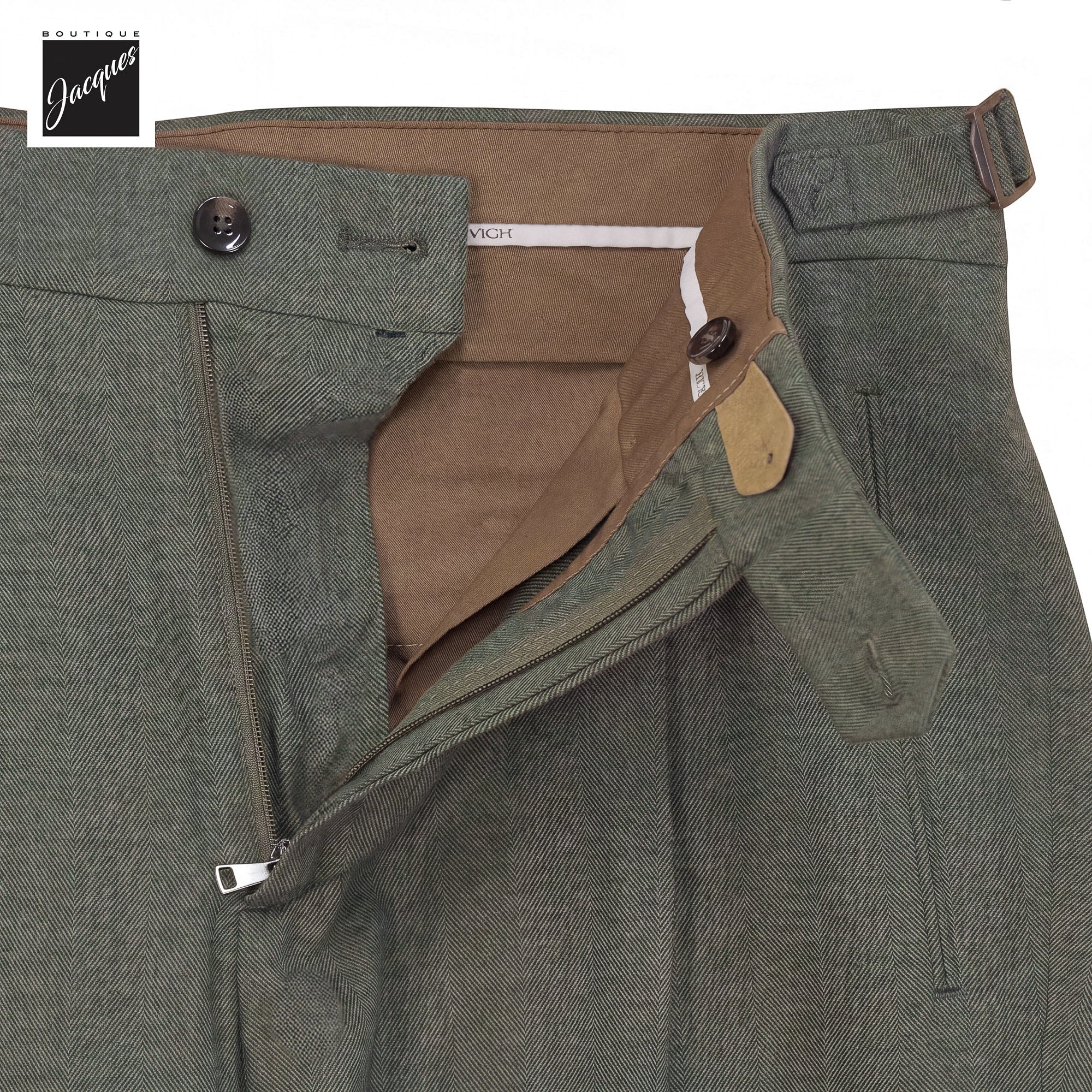 Green Herringbone Cotton-Lyocell Flannel Retro Long Trousers w/ Side Tabs - Berwich - Image 4