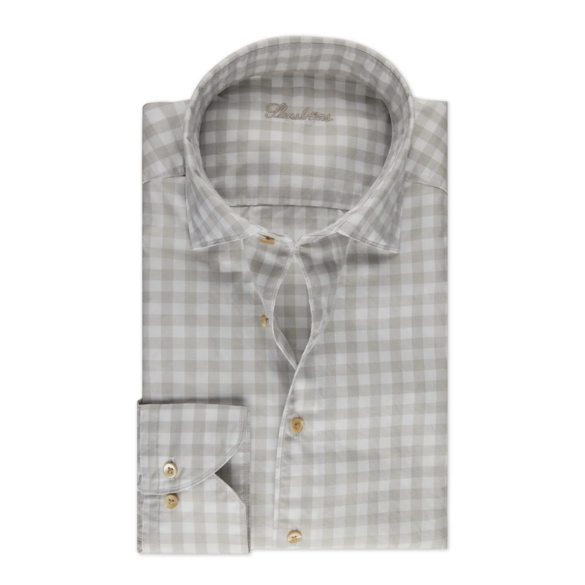 Grey/Beige Gingham Garment Wash Slimline Casual Shirt - Stenströms - Image 5