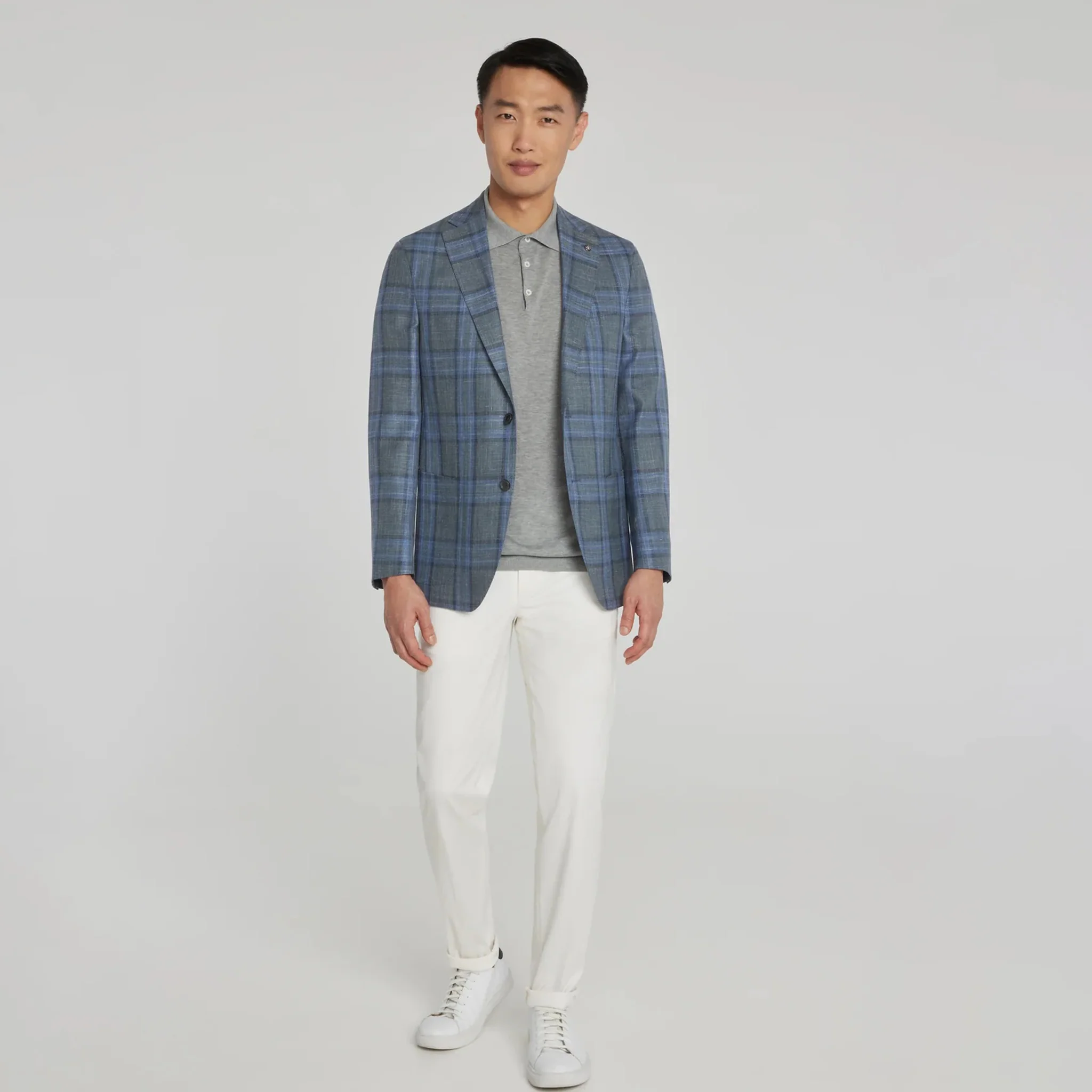 Grey and Blue Plaid Hampton Contemporary Fit Knit Wool/Silk/Linen Loro Piana Blazer - Jack Victor - Image 7