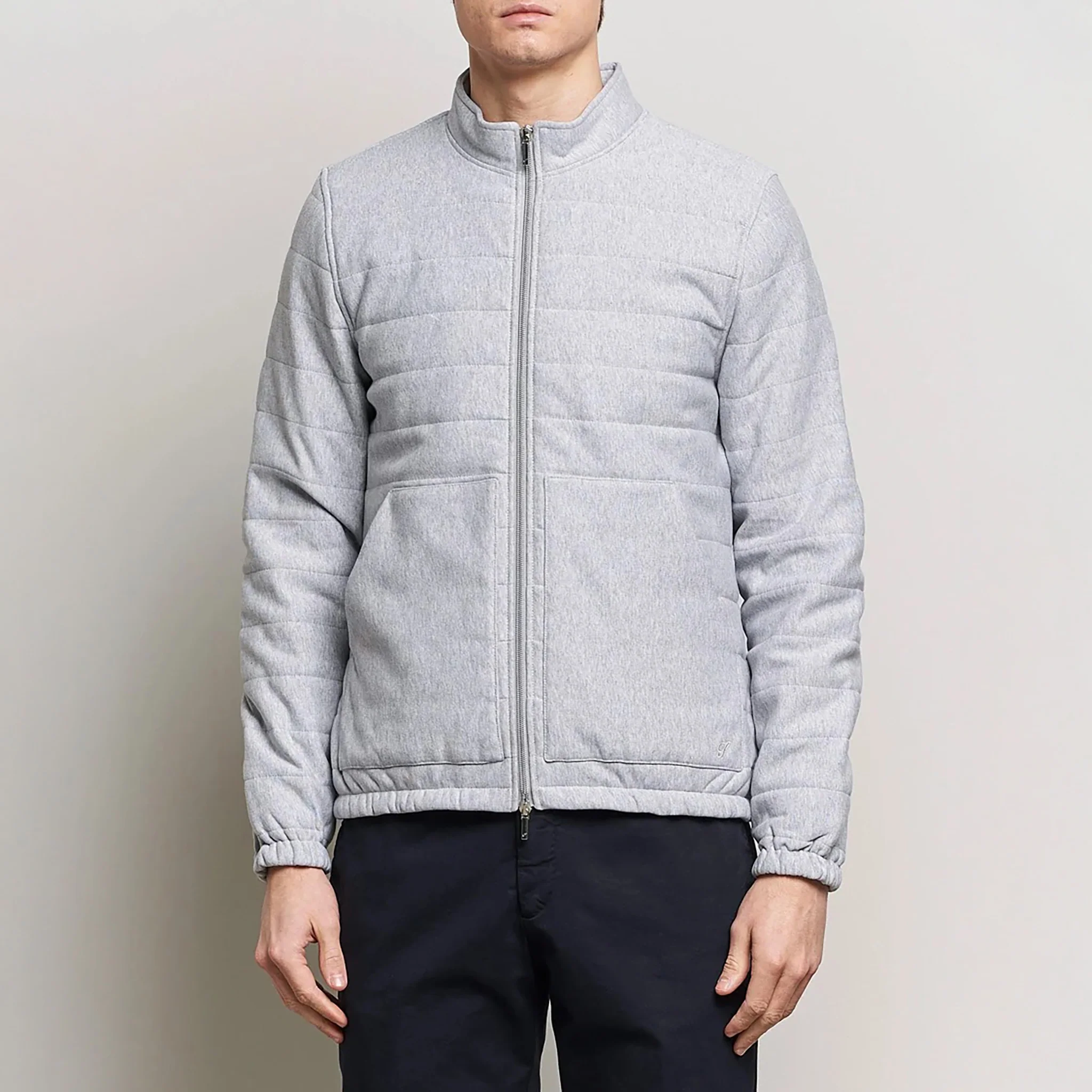 Light Grey Quilted Flannel Cotton Zip Bomber - Stenströms - Image 2