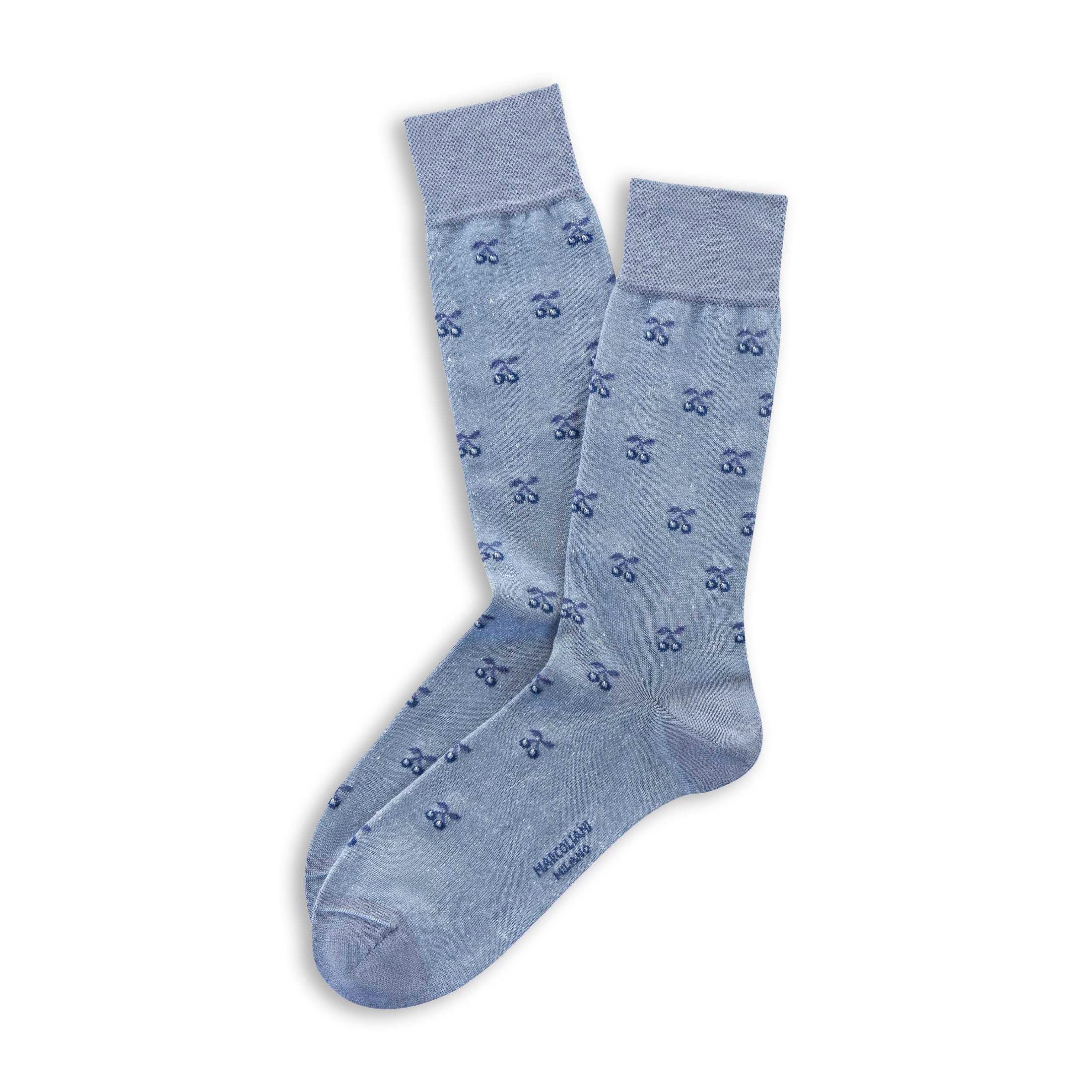 Light Blue Denim Tiny Cherries Motif Linen & Cotton Mid-Calf Socks - Marcoliani