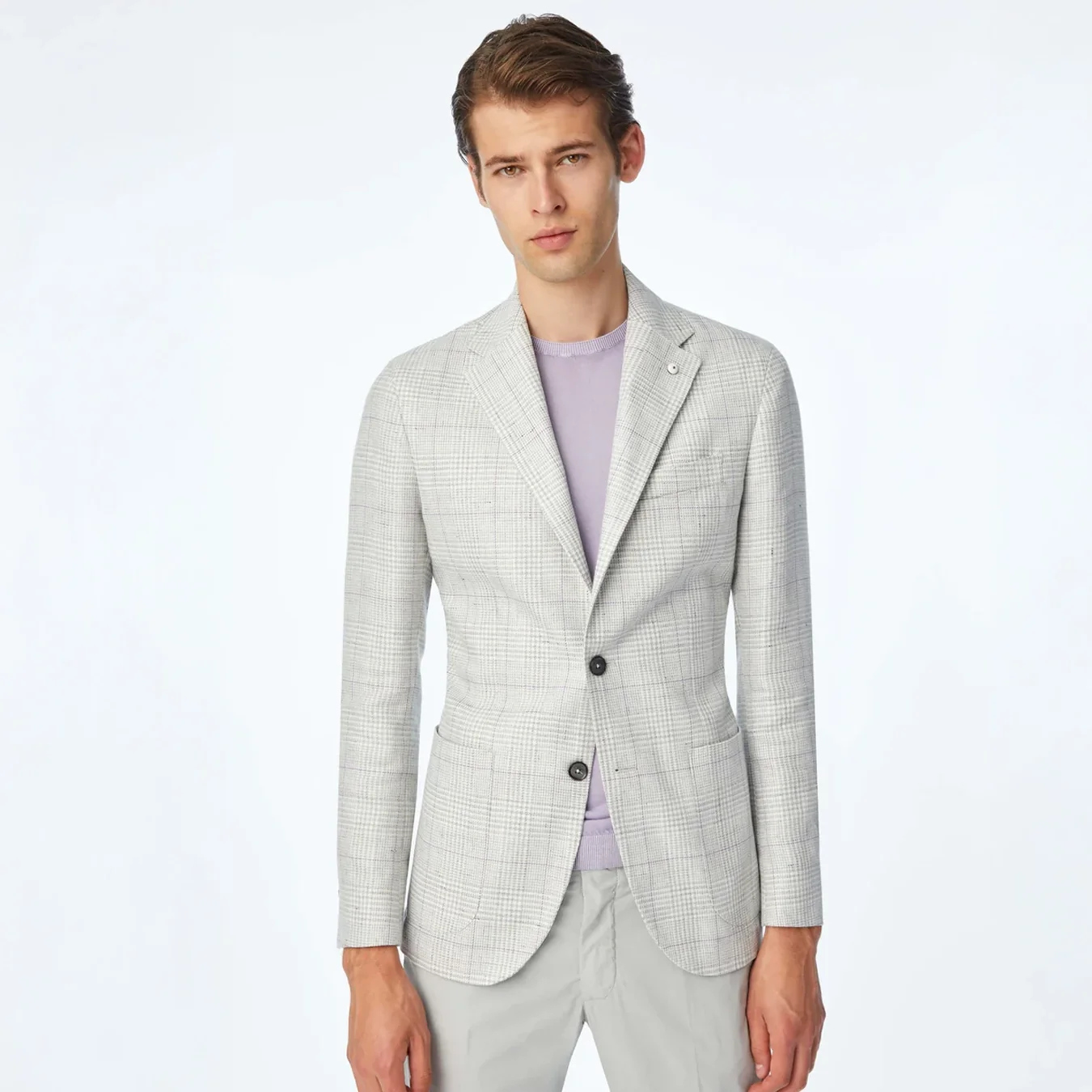Light Gray Prince of Wales Linen-Cotton Contemporary Fit Sport Jacket - L.B.M 1911