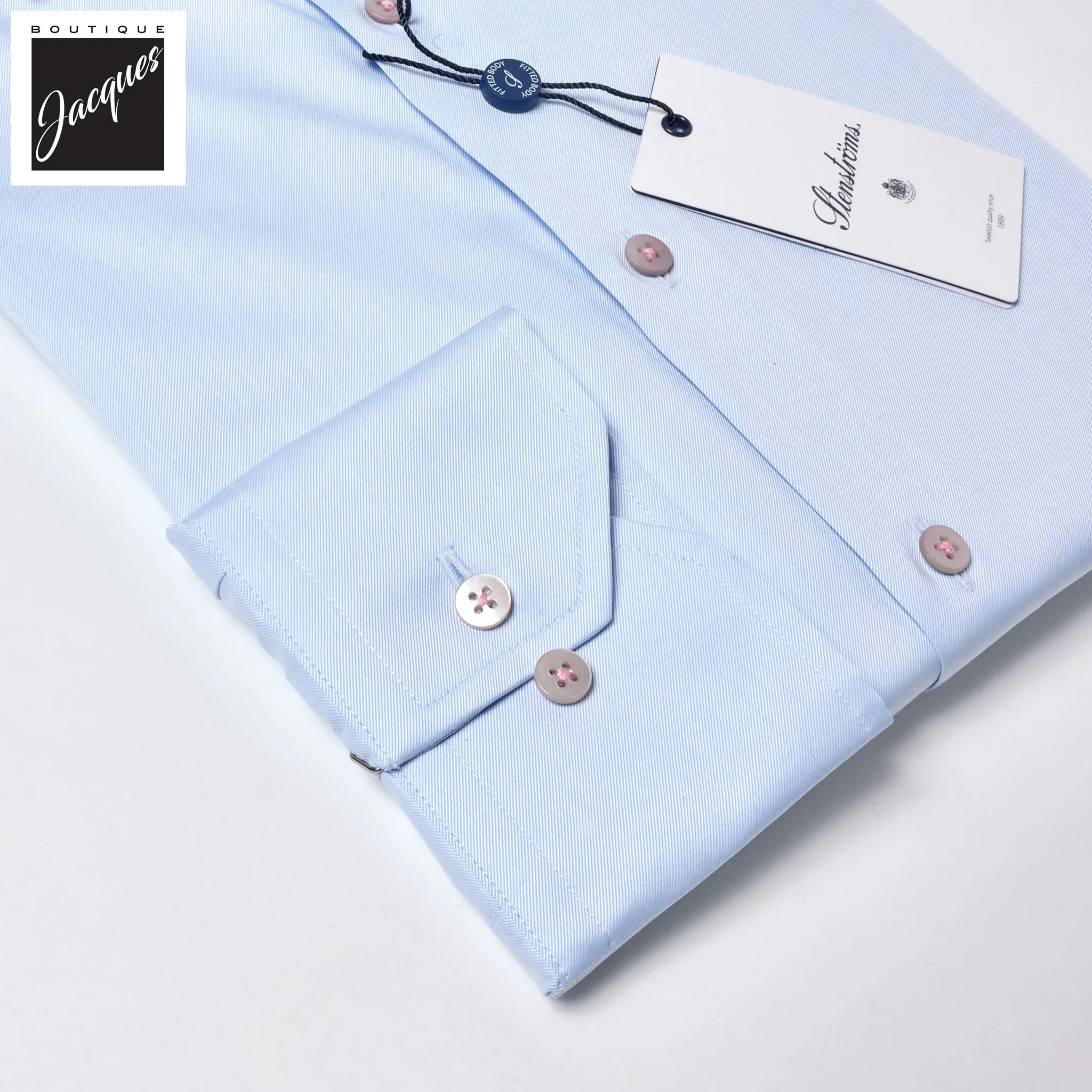 Light w/ Pink Button Blue Twill Fitted Body Shirt - Stenströms - Image 4