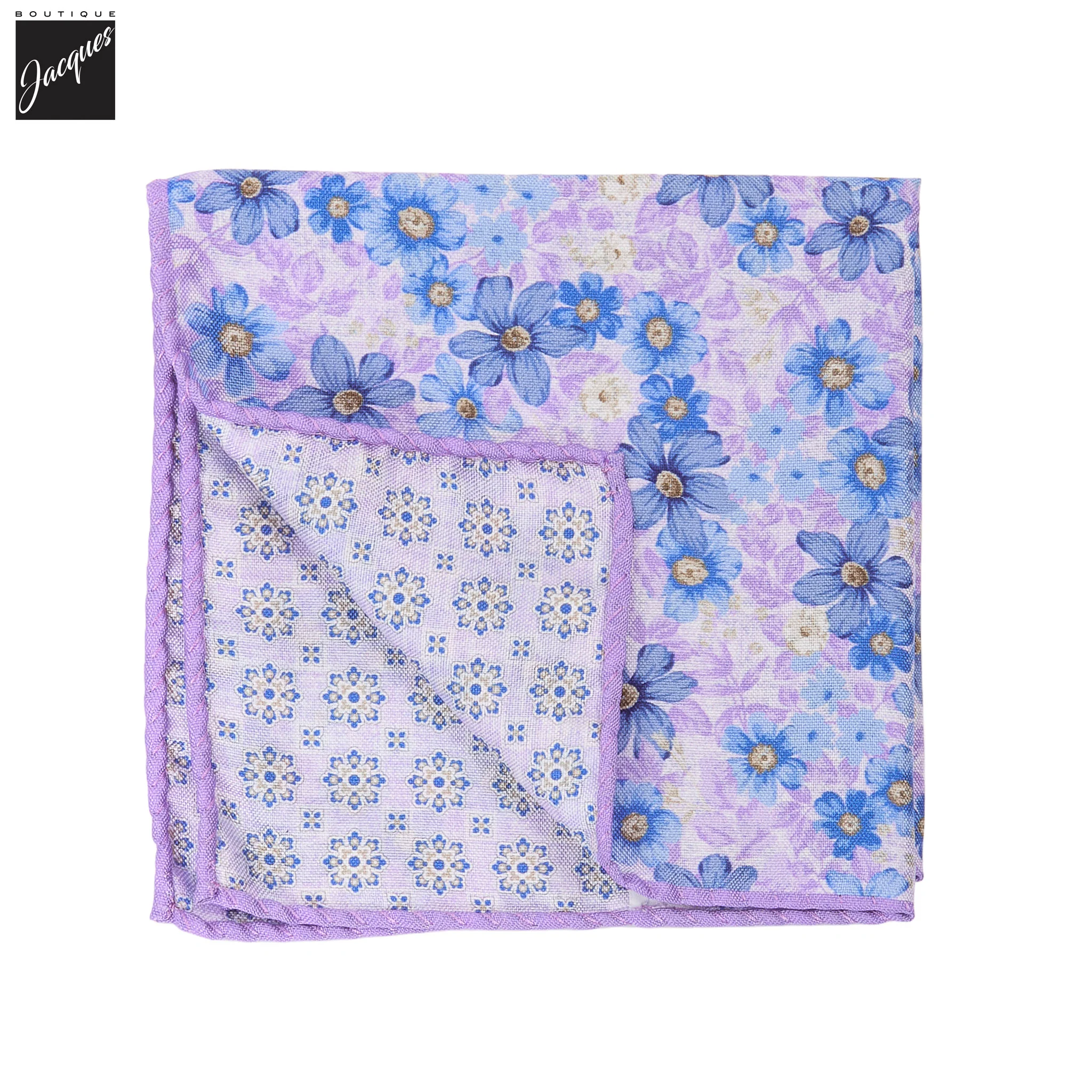 Lilac & Blue Floral/Medallion Reversible Silk Pocket Square - DION