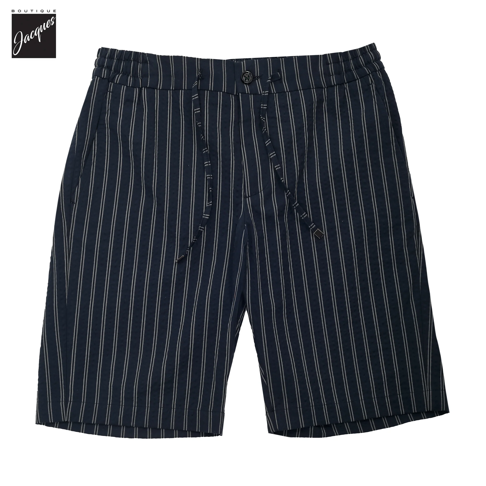 Navy Striped Seersucker Cotton Bermuda Shorts with Drawstrings - Berwich - Image 2