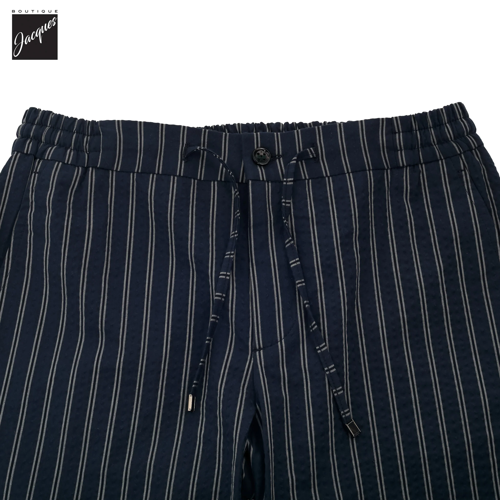 Navy Striped Seersucker Cotton Bermuda Shorts with Drawstrings - Berwich - Image 3