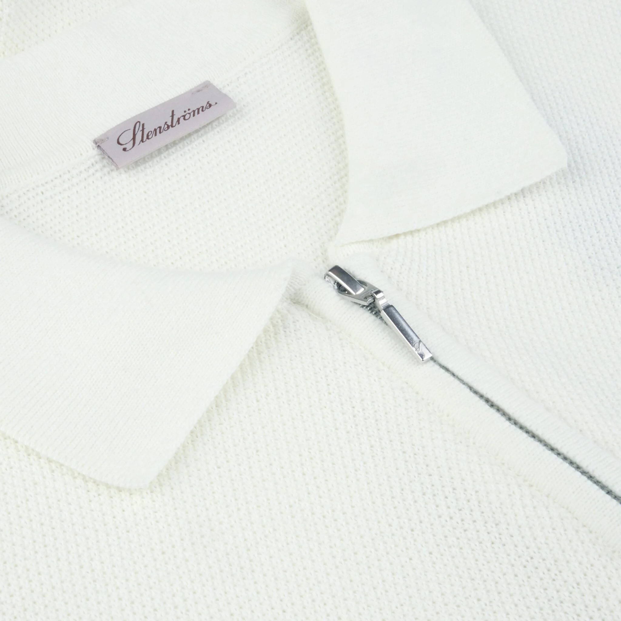 Off-White Organic Cotton Woven Knit Zip Polo Shirt - Stenströms - Image 3