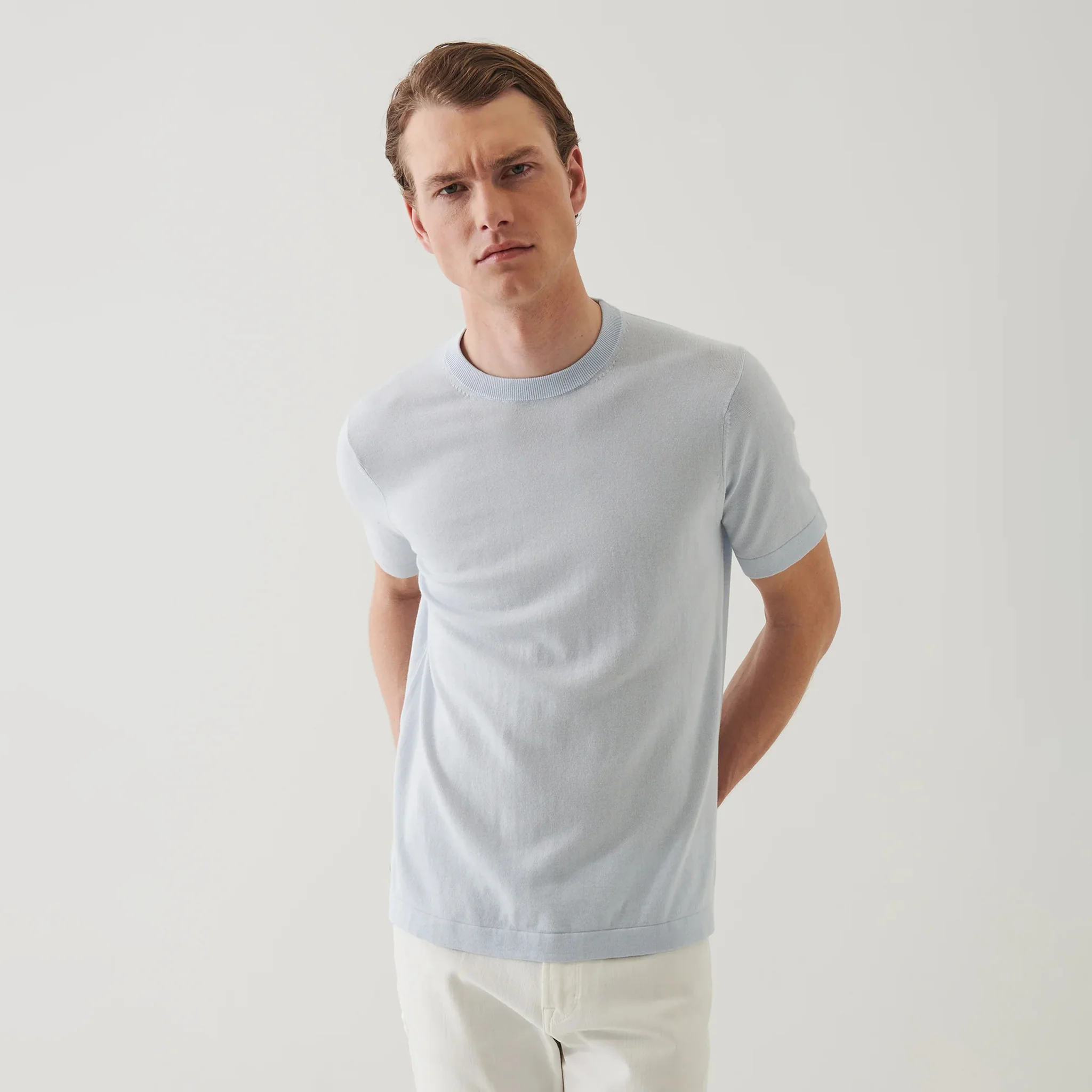Pale Blue Cotton-Cashmere Short Sleeve Knit Crewneck - Patrick Assaraf - Image 5