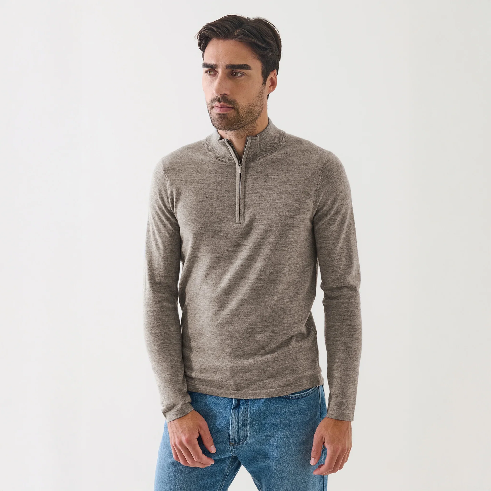 Pecan Extra-Fine Merino Quarter-Zip Mock Neck Sweater - Patrick Assaraf - Image 2