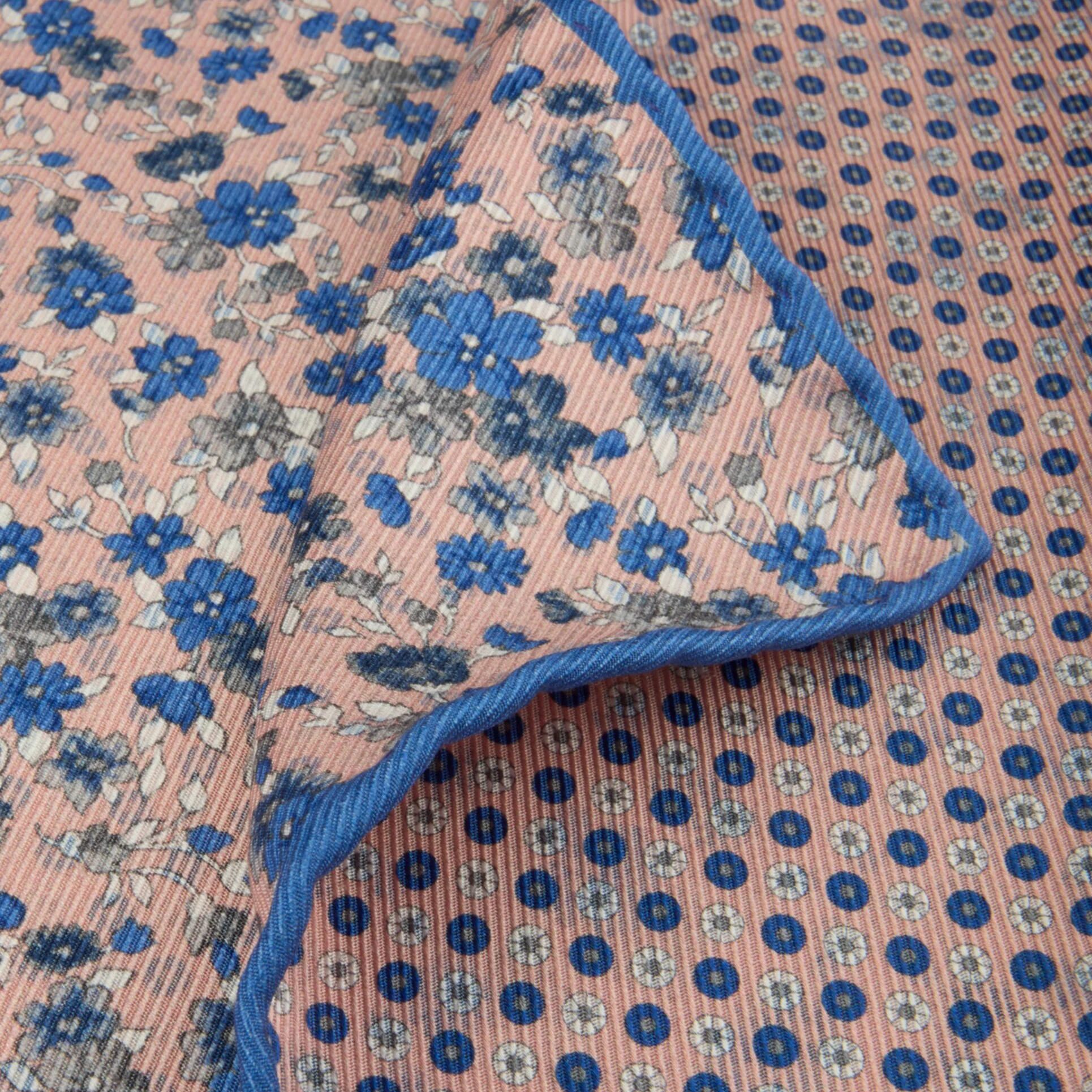 Pink & Blue Floral Patterned Reversible Silk Hankie - Stenströms - Image 4
