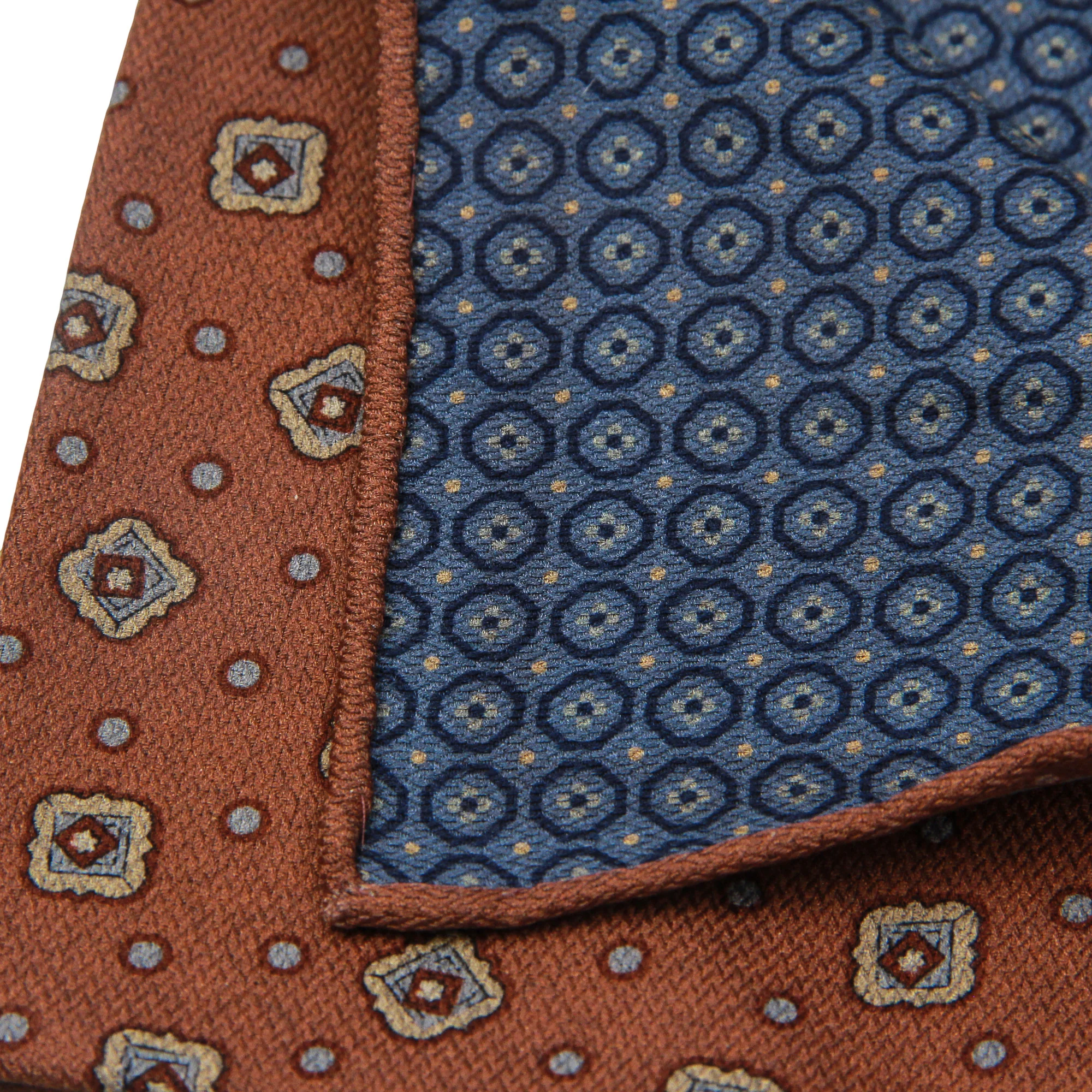 Rust & Blue Geometric Motif Reversible Silk Hankie - Paolo Albizzati - Image 3