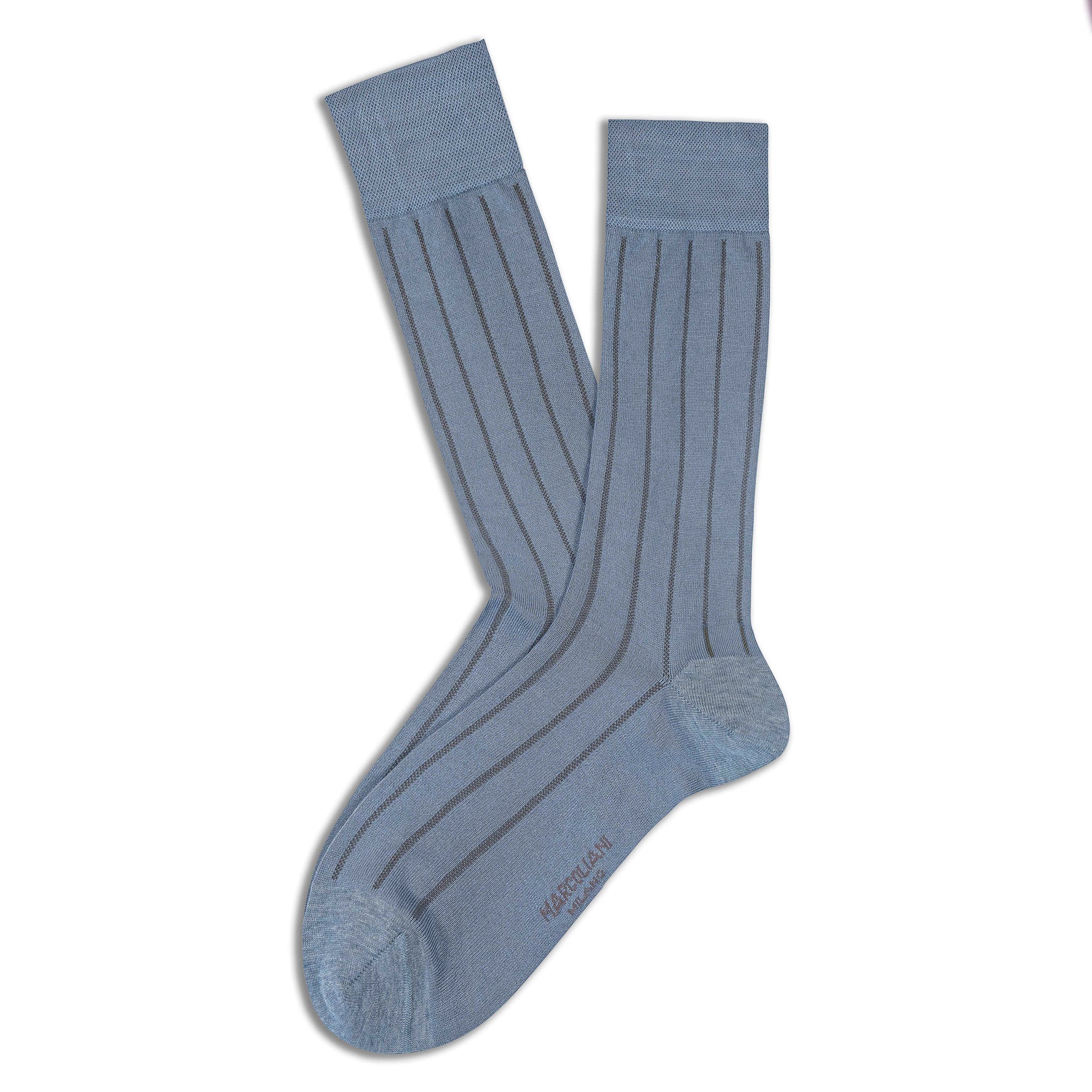 Silver Blue Pinstripe Fresh of Modal Mid-Calf Dress Socks - Marcoliani