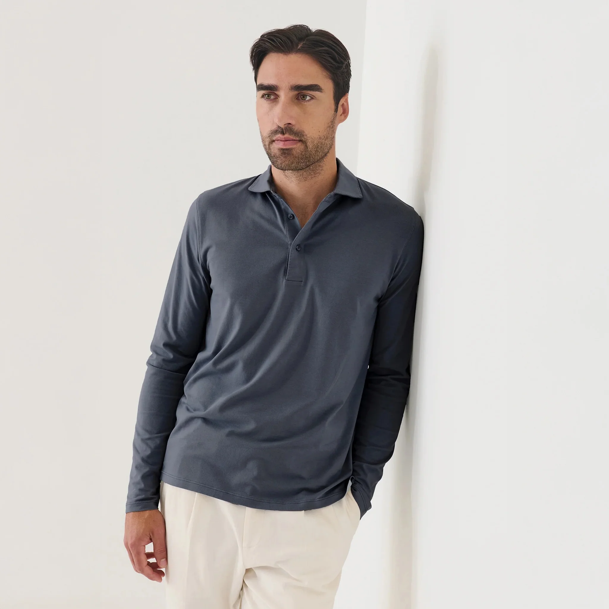 Slate Gray Long Sleeve Pima Polo - Patrick Assaraf - Image 4