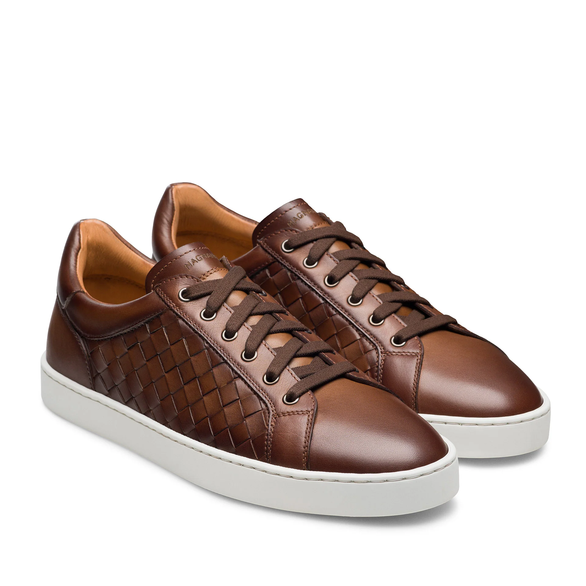 Tobacco Cote Lo Woven Leather Stretch-Lace Sneakers - Magnanni