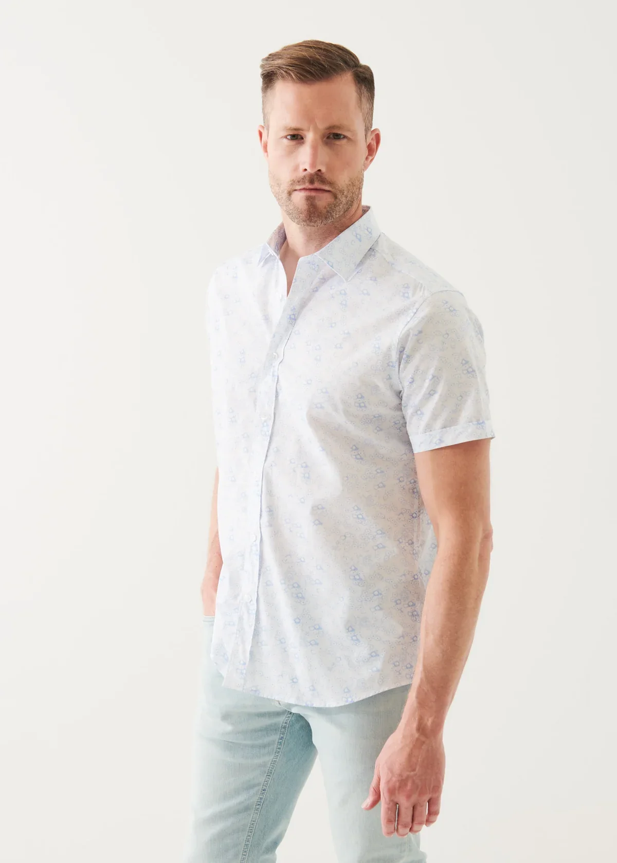 White Micro Floral Print Cotton Short Sleeve Shirt - Patrick Assaraf - Image 5