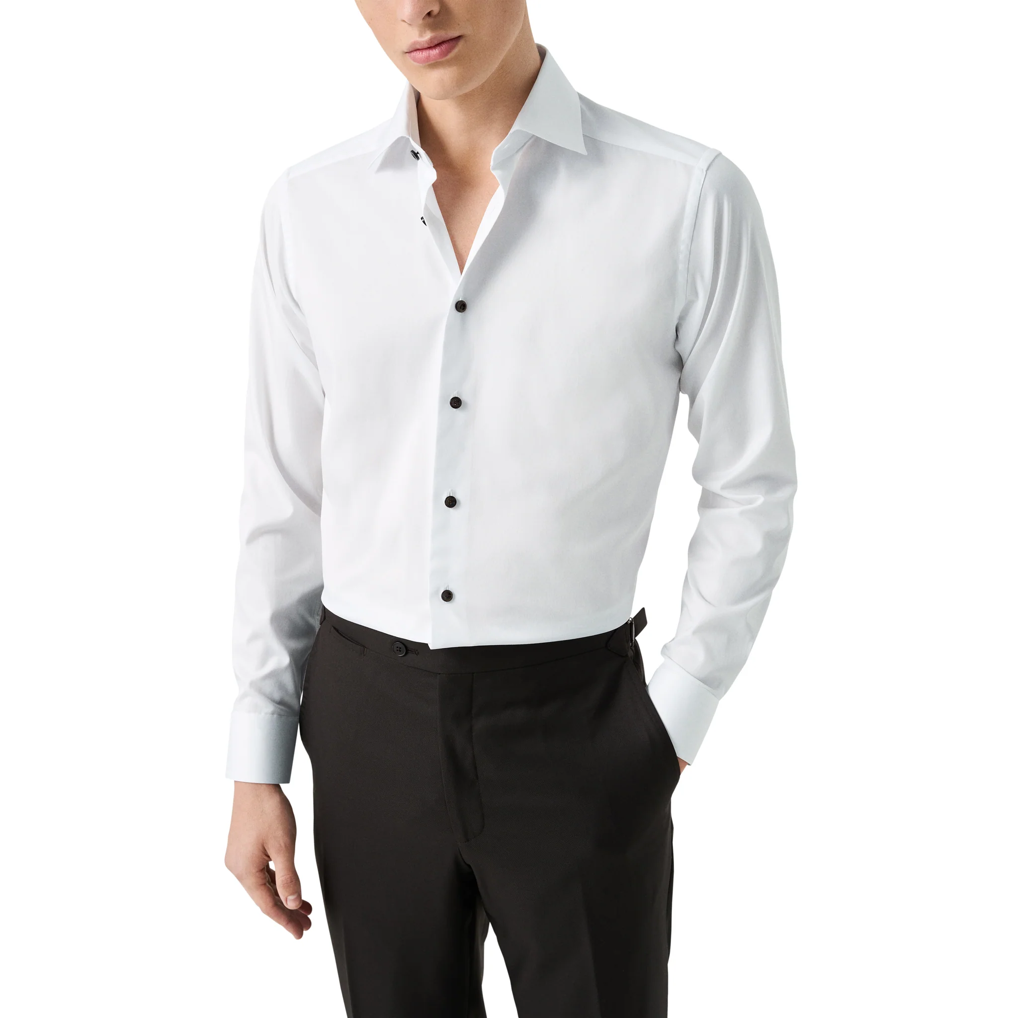 White Solid Signature Twill Slim Fit Shirt w/ Brown Buttons - ETON - Image 4