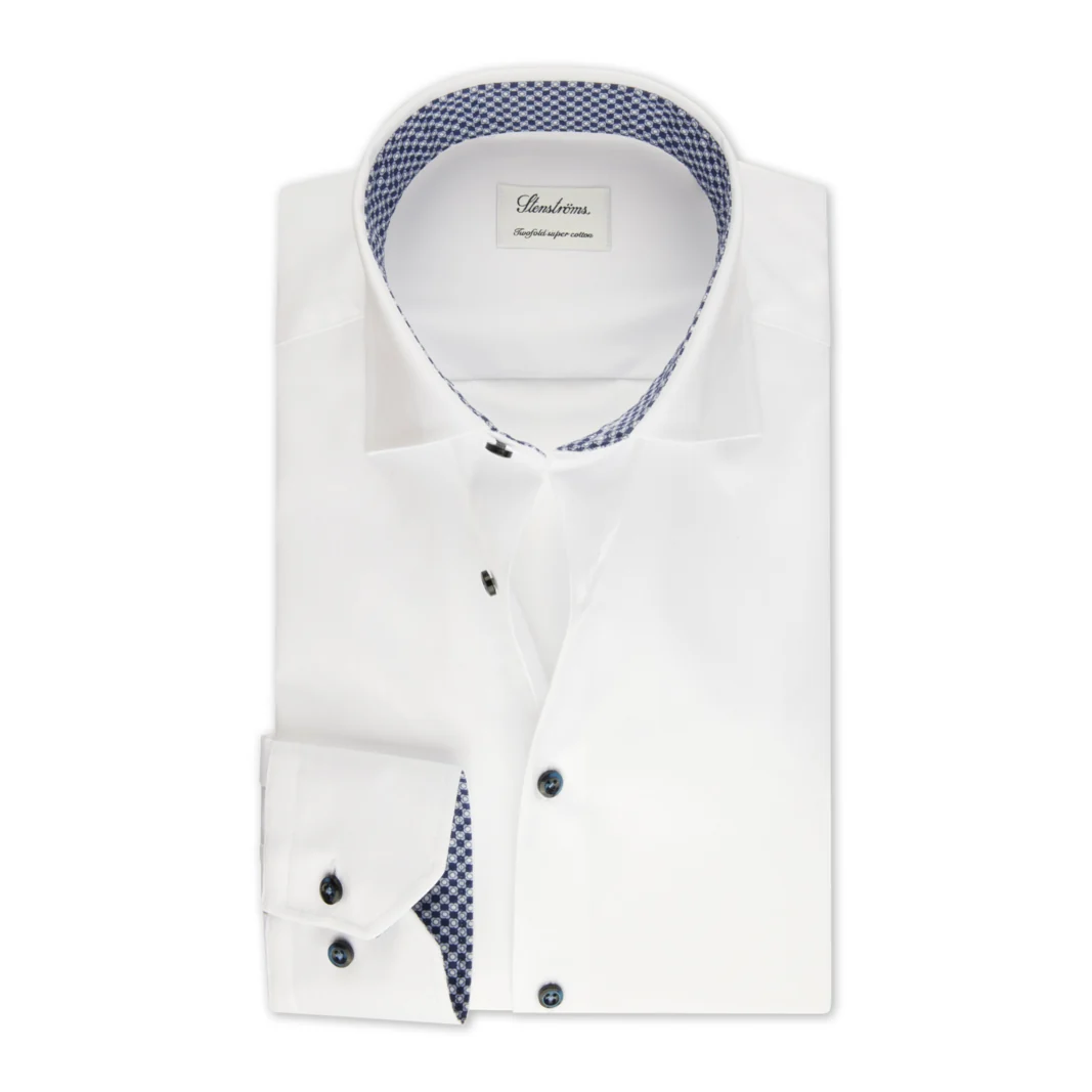 White Twill Contrast Geometric Trim Fitted Body Dress Shirt