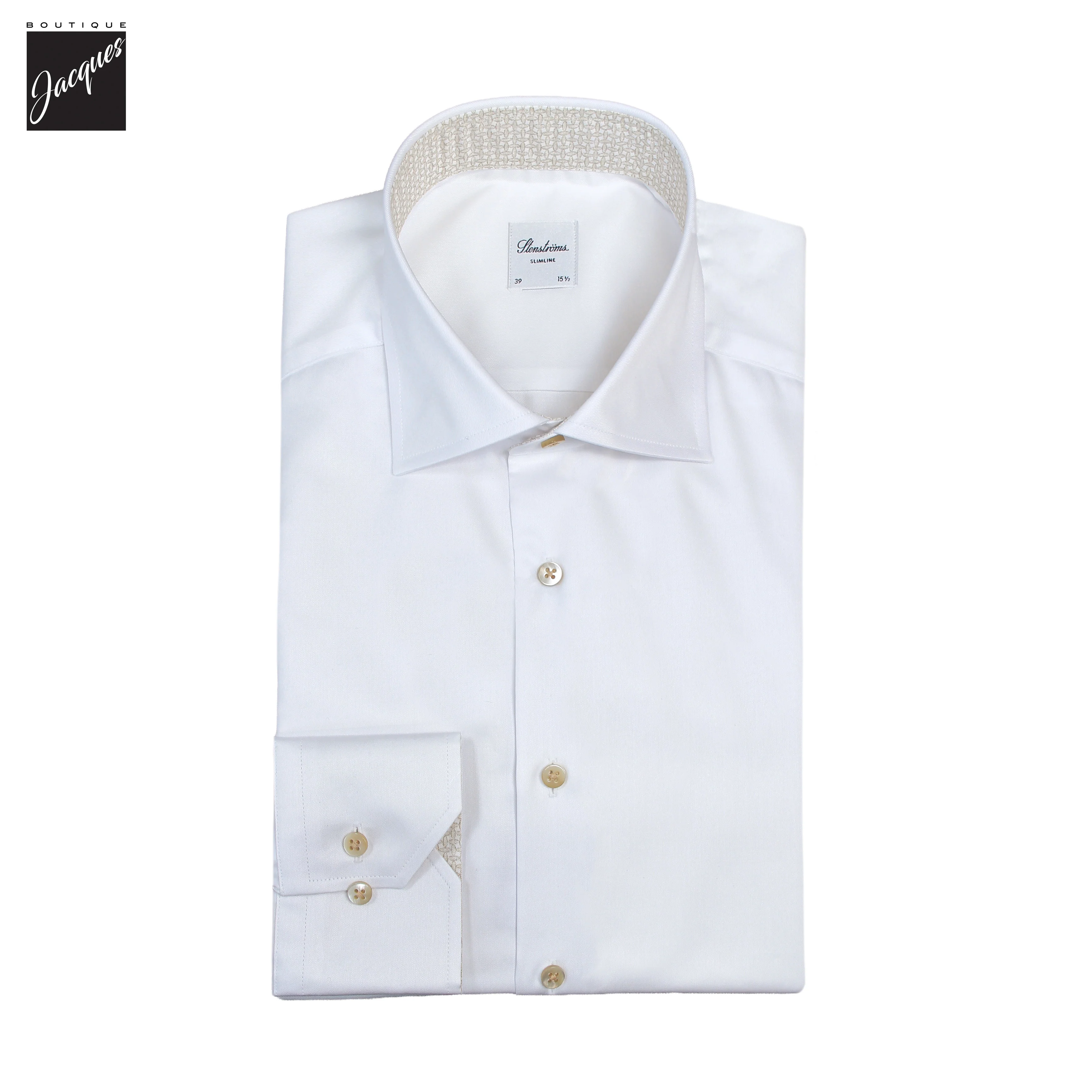 White Twill Slimline Dress Shirt with Beige Contrast Details - Stenströms
