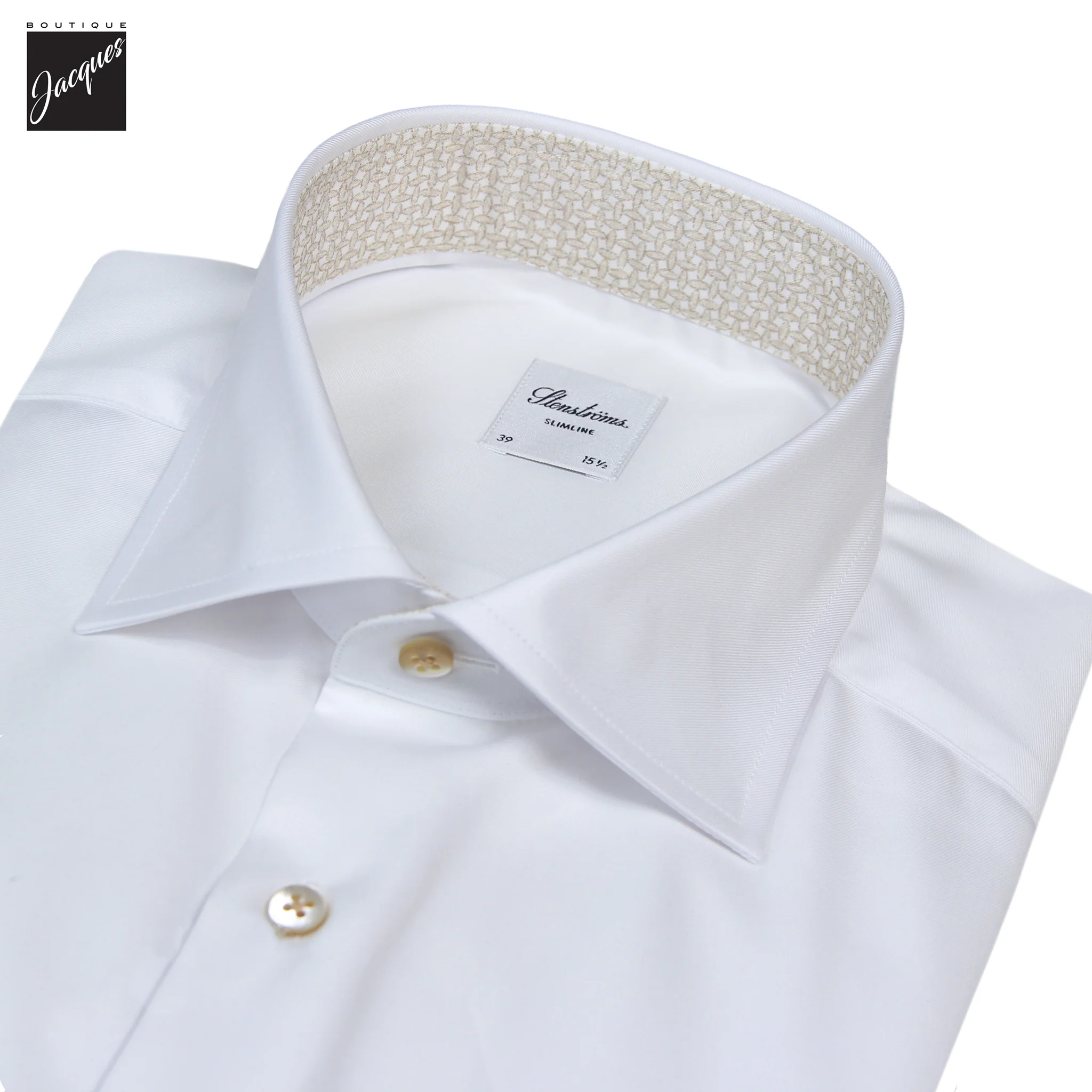 White Twill Slimline Dress Shirt with Beige Contrast Details - Stenströms - Image 2