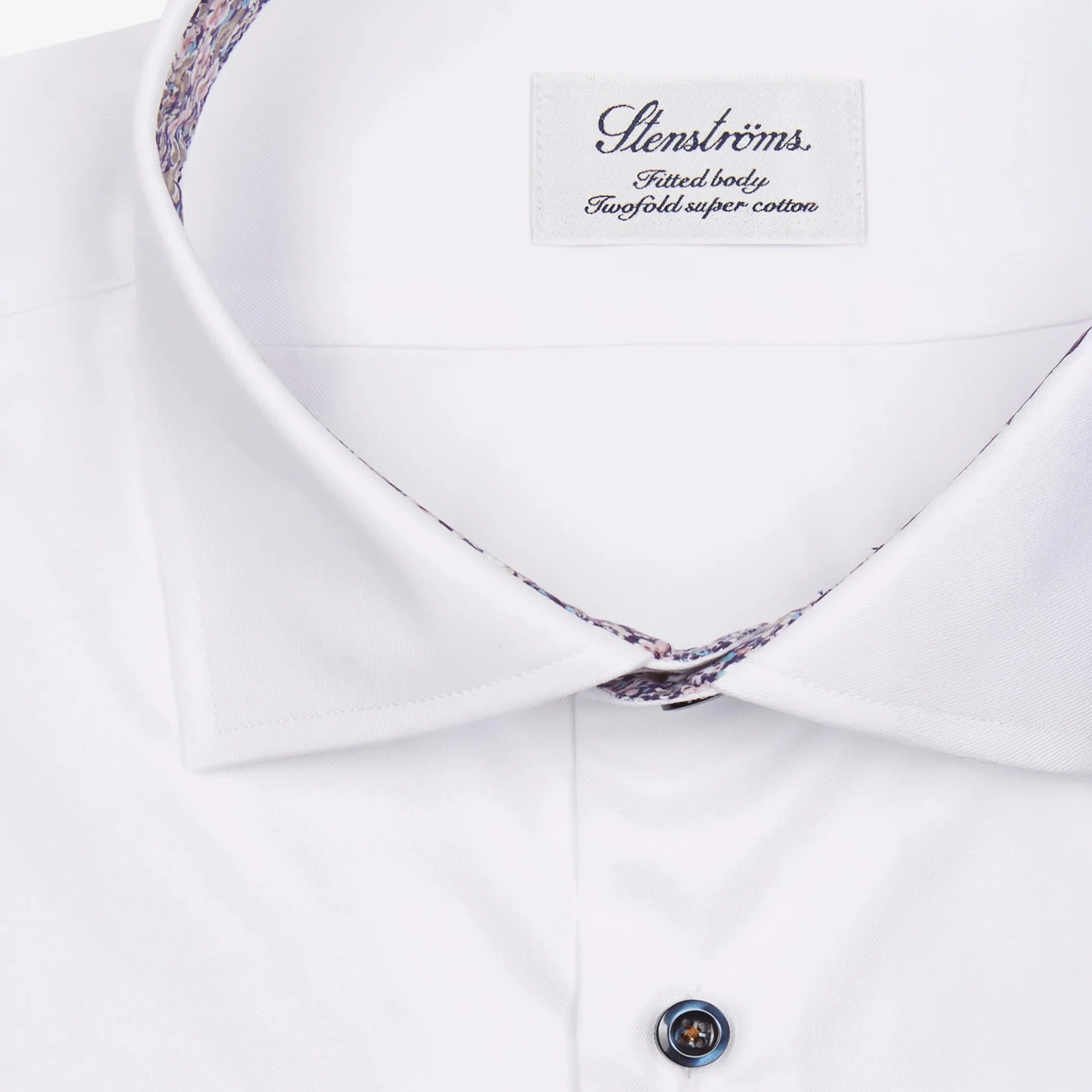 White Twill Fitted Body Shirt w/ Floral Contrast Trims - Stenströms - Image 2