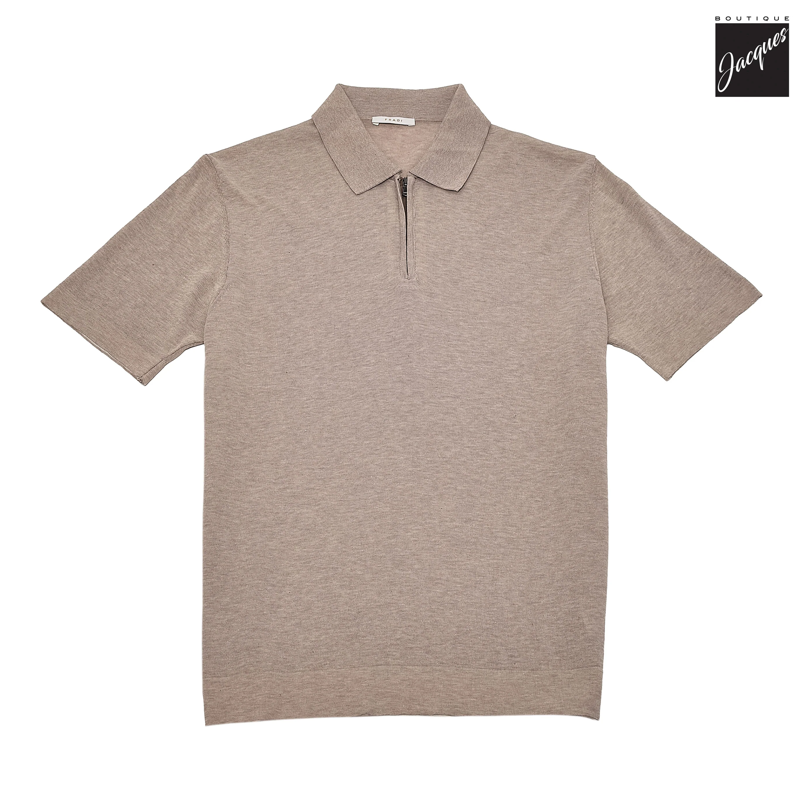 Yuta Beige Knitted Cotton Short Sleeve Zip Polo - FRADI - Image 2